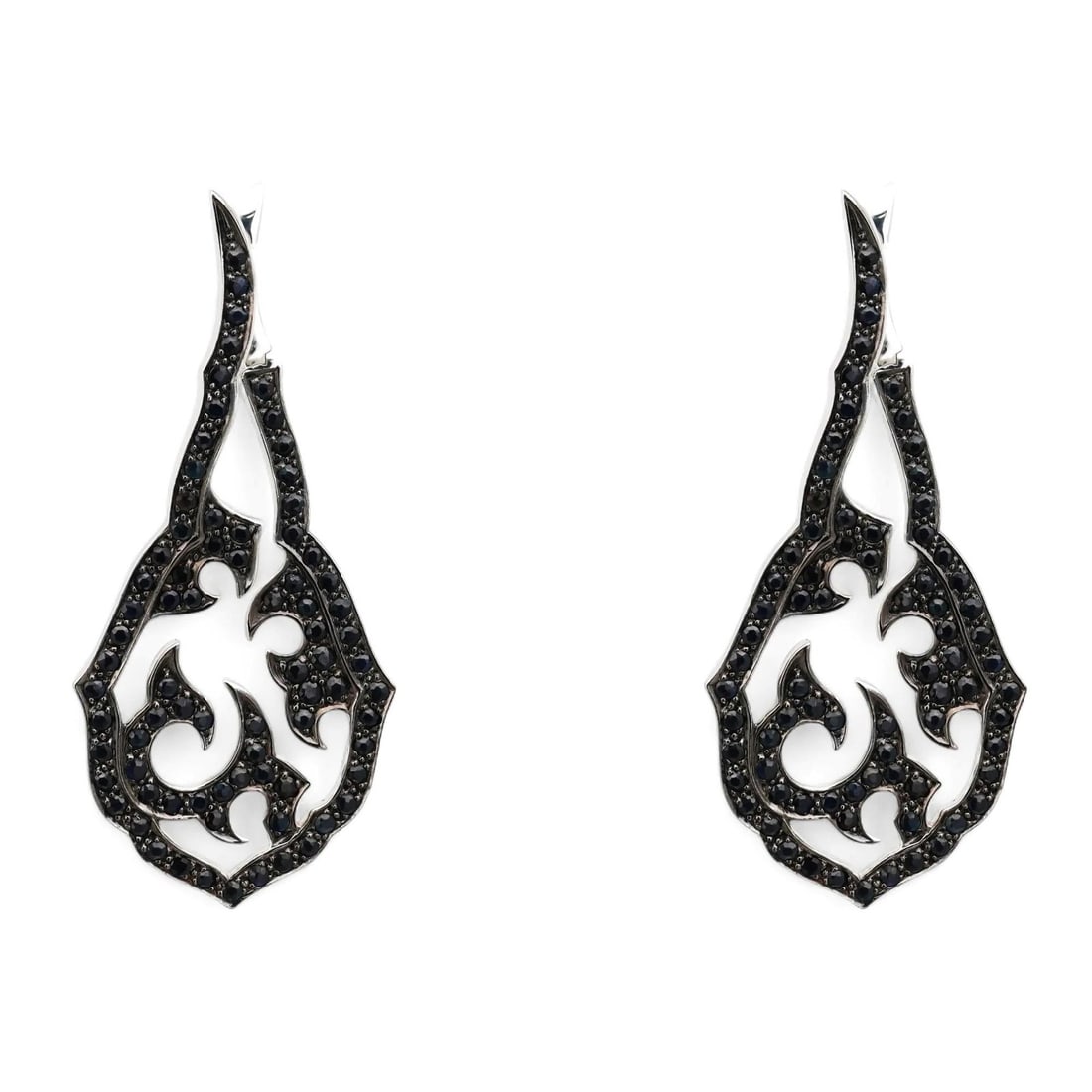 18k White Gold Drop Earrings with Black Round Cut Diamonds by Stephen Webster: 18k White Gold Drop Earrings with Black Round Cut Diamonds by Stephen Webster These Stephen Webster drop earrings showcase round cut black diamonds set in a pave style, crafted from 18k white gold. Th