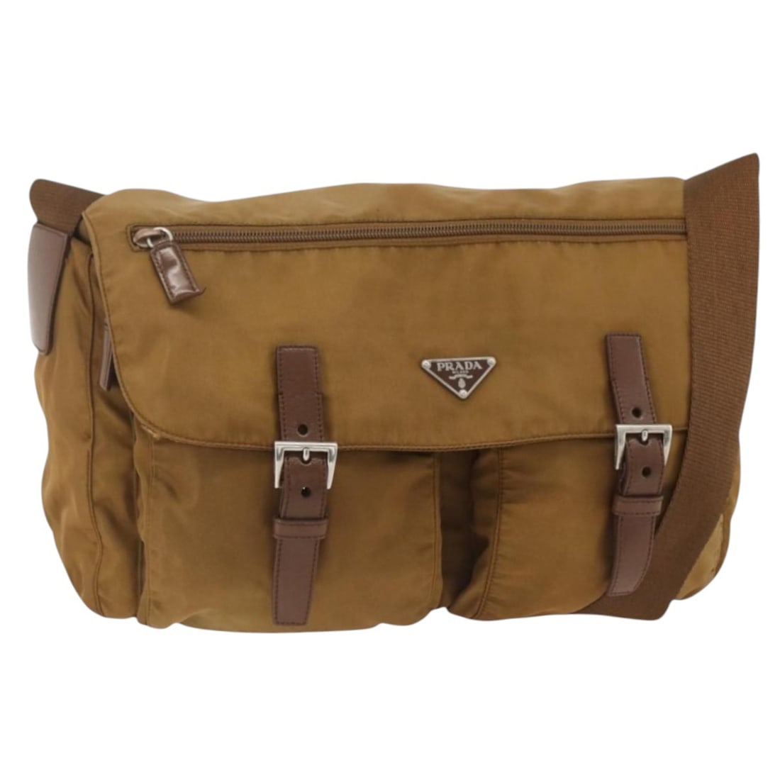 Prada Brown Nylon Women's Shoulder Bag with Silver Accents and Guarantee Card: Prada Brown Nylon Women's Shoulder Bag with Silver Accents and Guarantee Card This PRADA shoulder bag features a brown nylon exterior with silver-tone accents. Designed for women, it offers a spacious