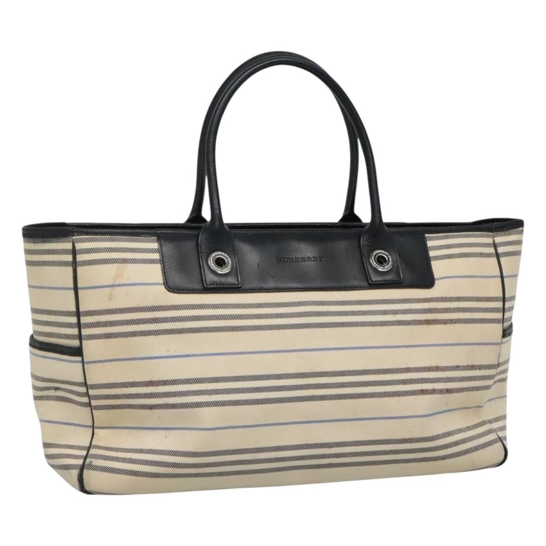 White Canvas Tote by Burberry for Women: White Canvas Tote by Burberry for Women This Burberry tote bag is crafted from white canvas and designed for women. The bag shows signs of heavy use, including loss of shape, rubbing, stains, and scra