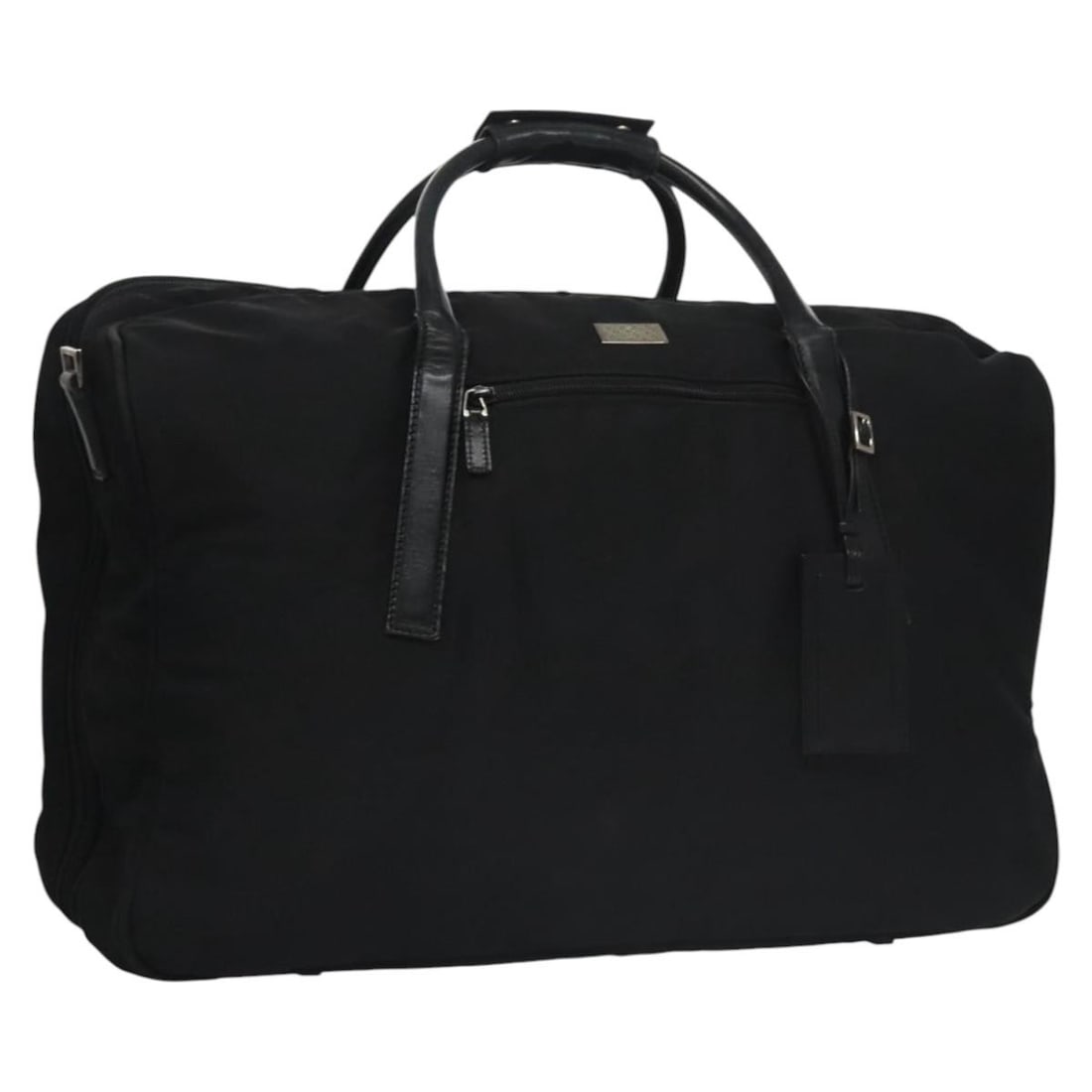 Gucci Nylon Black Boston Bag with Silver Accents Model 012 0393 12 001553: Gucci Nylon Black Boston Bag with Silver Accents Model 012 0393 12 001553 This is a heavily used Boston bag crafted from black nylon with silver-tone accents. The bag features dual top handles, a spac