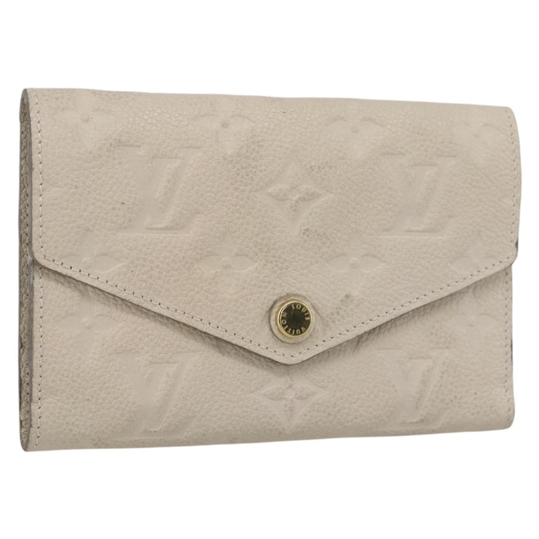Cream Monogram Empreinte Leather Curie's Compact Wallet by Louis Vuitton: Cream Monogram Empreinte Leather Curie's Compact Wallet by Louis Vuitton This is a Louis Vuitton Empreinte Portefeuille Curie's compact wallet crafted in cream Monogram Empreinte leather. The wallet, 