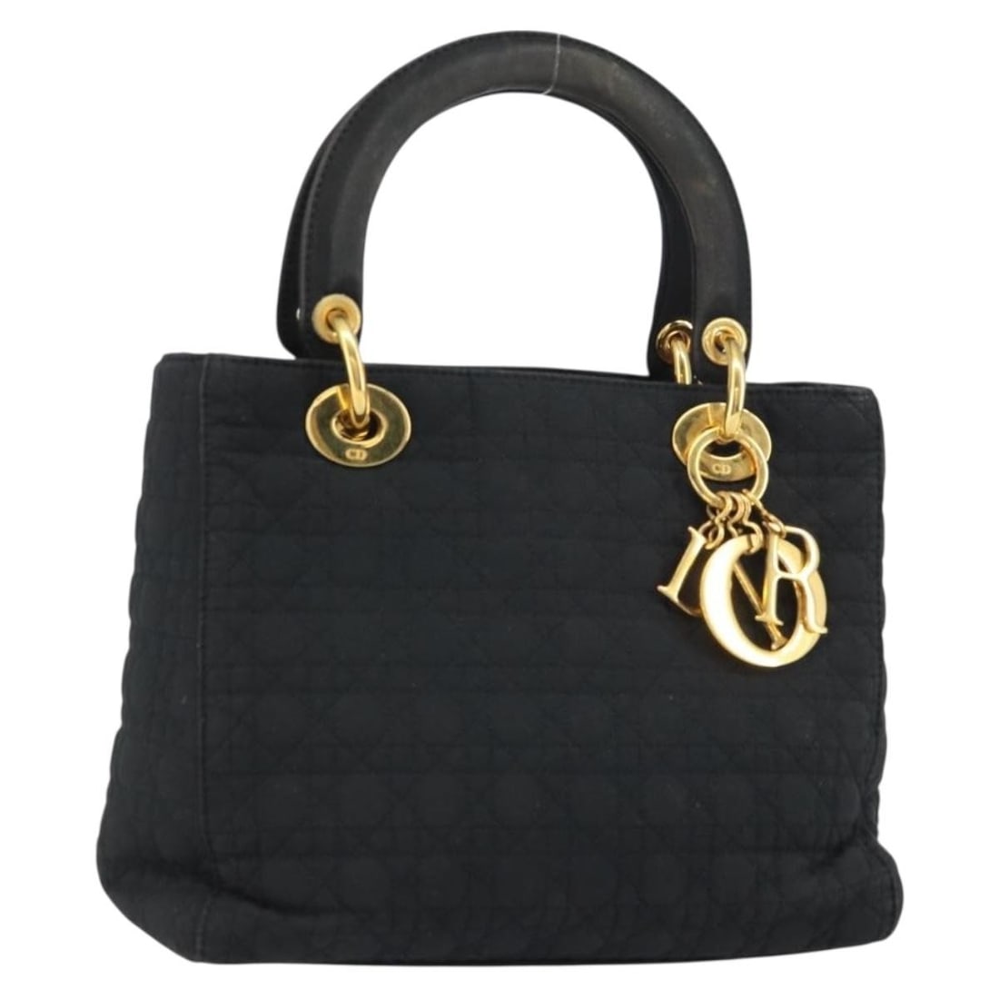 Christian Dior Lady Dior Nylon Hand Bag Black Gold Auth EP12307: Christian Dior Lady Dior Nylon Hand Bag Black Gold Auth EP12307 The Christian Dior Lady Dior Canage Hand Bag is a sophisticated blend of style and functionality. Crafted in Italy, this bag features a 