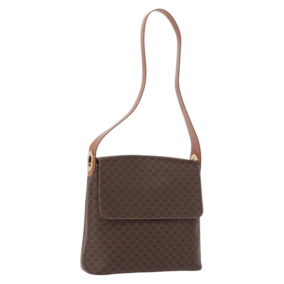 Celine Macadam Brown PVC Leather Shoulder Bag with Dust Bag: Celine Macadam Brown PVC Leather Shoulder Bag with Dust Bag This is a CELINE Macadam shoulder bag crafted from brown PVC leather and Macadam canvas featuring gold-tone accents. The bag includes a shou