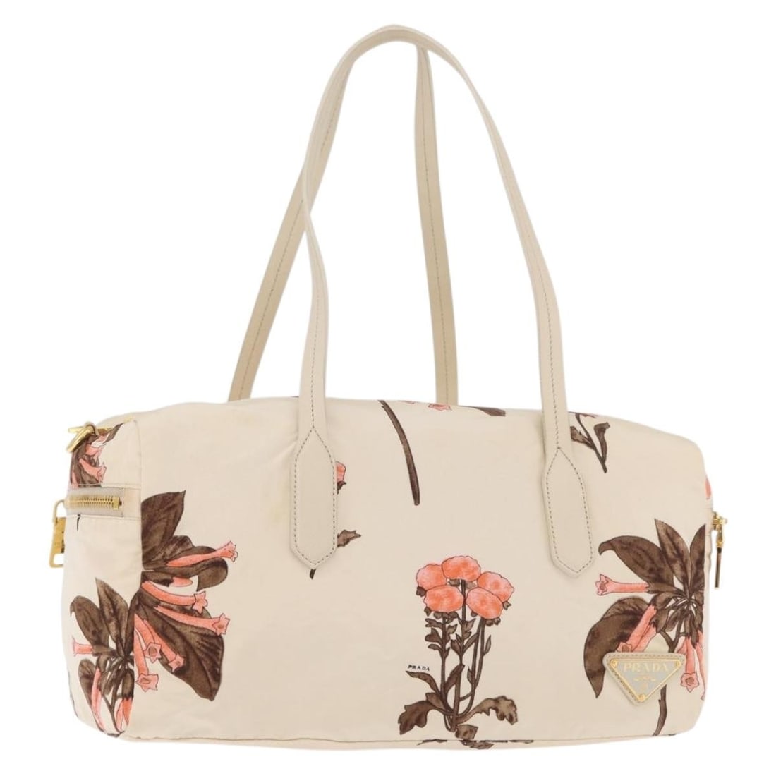 Prada Beige Nylon Handbag Italy Gold Trim: Prada Beige Nylon Handbag Italy Gold Trim This PRADA handbag is crafted from beige and gold nylon and is designed for women. Made in Italy, it features a top handle with an approximate drop of 25 cm (