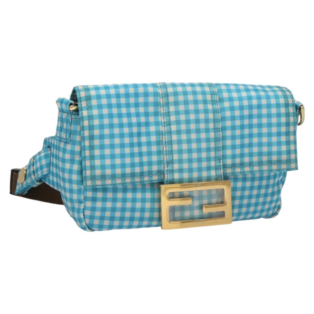 Fendi Blue Nylon Waist Bag with Gold Accents and Guarantee Card: Fendi Blue Nylon Waist Bag with Gold Accents and Guarantee Card This FENDI waist bag is crafted from blue and gold nylon and is designed for women. It features a compact silhouette with approximate di