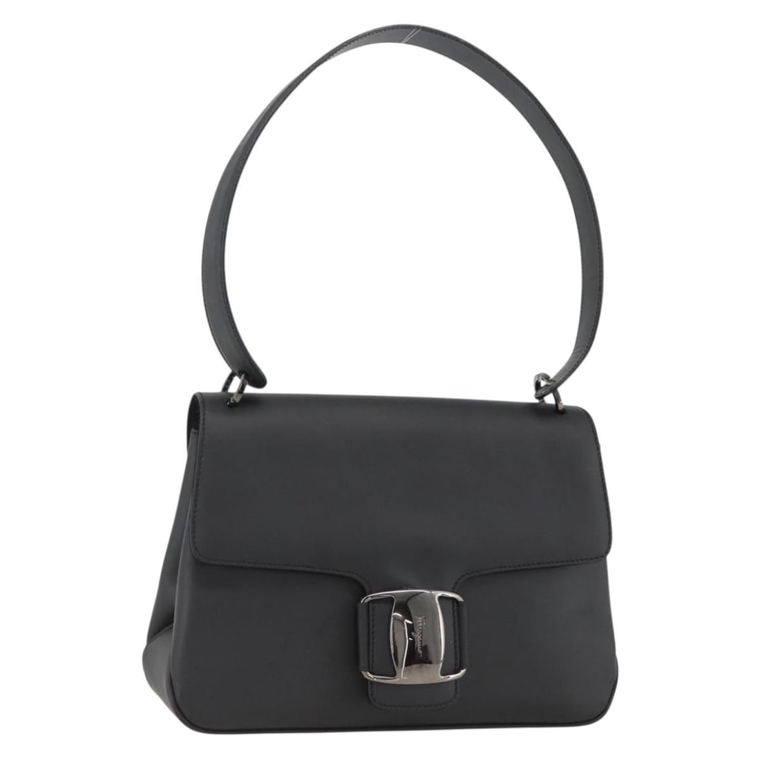 Ferragamo Vala Black PVC Canvas Shoulder Bag with Silver Accents: Ferragamo Vala Black PVC Canvas Shoulder Bag with Silver Accents This Salvatore Ferragamo Vala shoulder bag is crafted from black and silver PVC leather, featuring a classic design suitable for women.