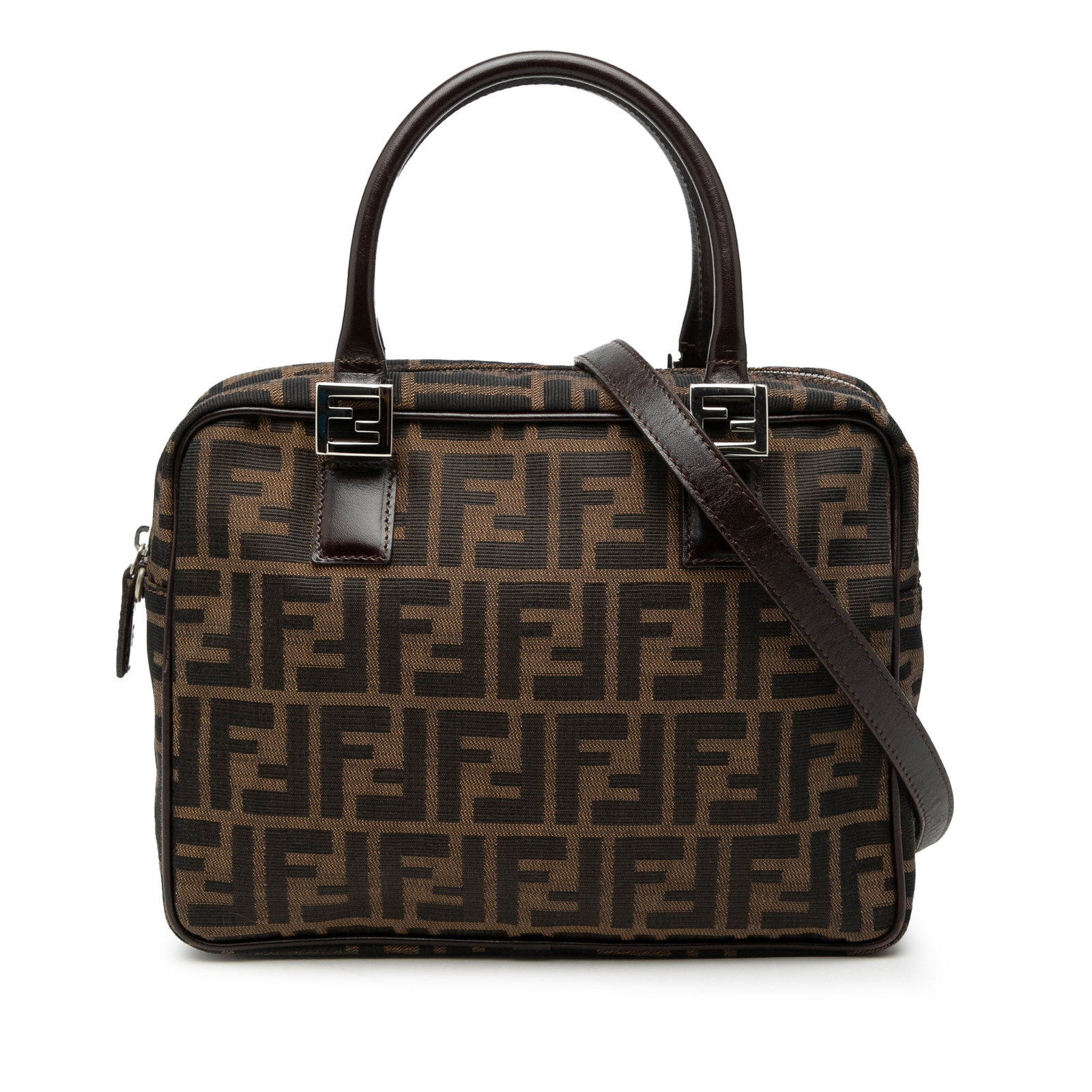 Fendi Brown Zucca Canvas Satchel with Leather Handles and Strap: Fendi Brown Zucca Canvas Satchel with Leather Handles and Strap This Fendi Zucca Canvas Satchel features a signature canvas body with rolled leather handles and a detachable flat leather strap. It is 