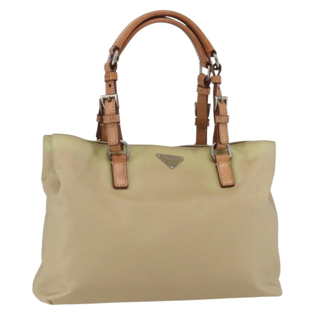 PRADA Nylon Hand Bag Beige Silver Auth 151559 Italy: PRADA Nylon Hand Bag Beige Silver Auth 151559 Italy This elegant PRADA Hand Bag is crafted from durable nylon in a sophisticated beige and silver color combination. Designed in Italy, this bag feature