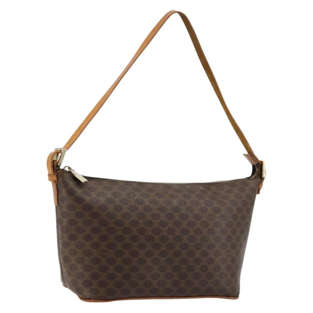 CELINE Macadam Canvas Brown Gold Shoulder Bag Italy: CELINE Macadam Canvas Brown Gold Shoulder Bag Italy This CELINE shoulder bag features the iconic Macadam canvas with PVC leather in a brown and gold color scheme. Designed for women, it offers a compa
