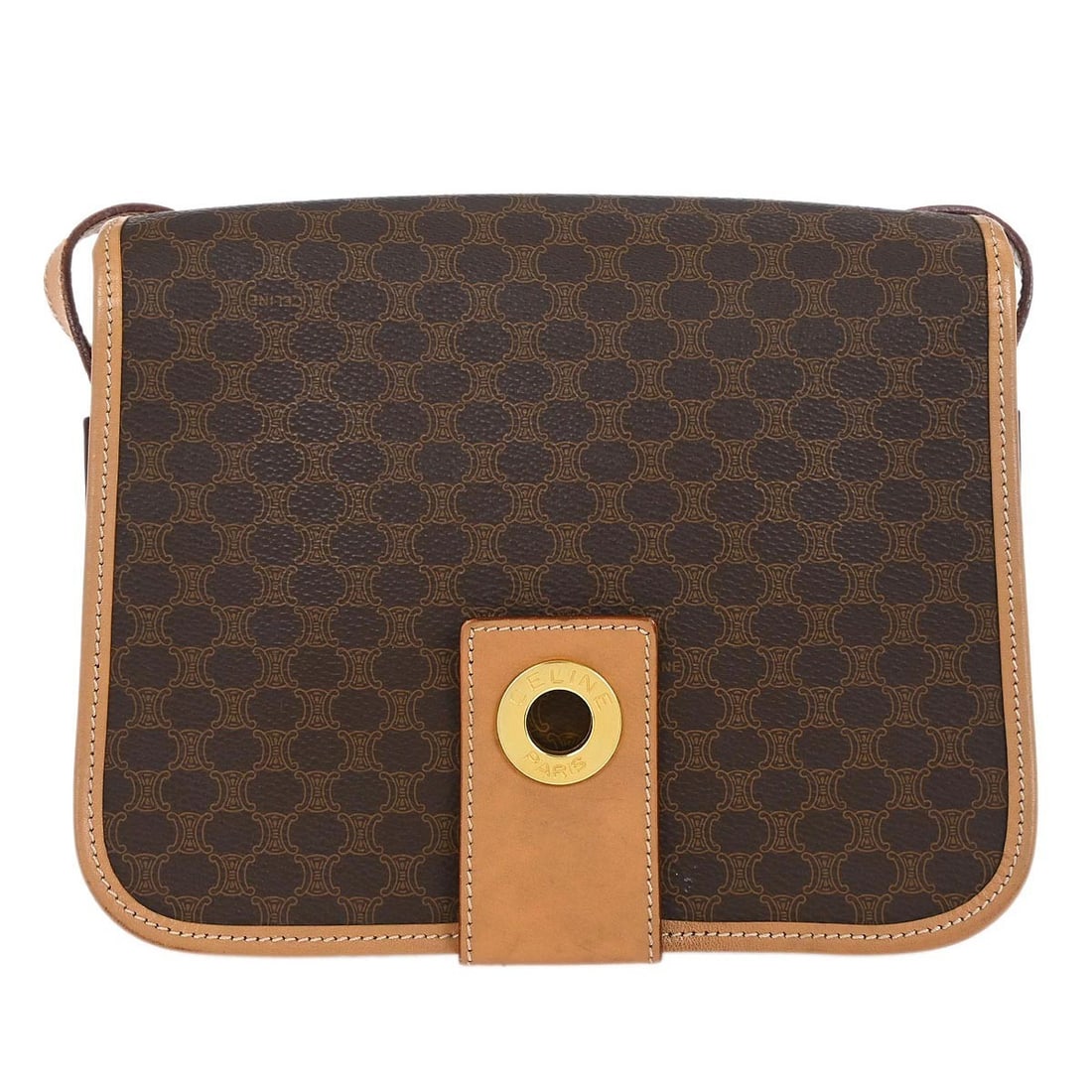 Celine Macadam Brown PVC Medium Shoulder Bag with Logo Accents: Celine Macadam Brown PVC Medium Shoulder Bag with Logo Accents This Celine Macadam shoulder bag features a brown PVC exterior with leather accents and the signature logo. Designed for casual occasions