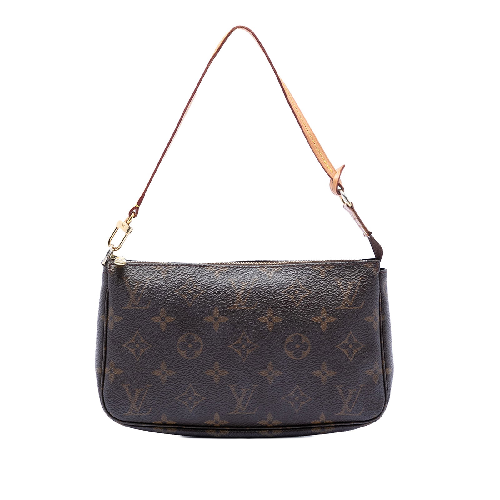 Louis Vuitton Pochette Accessoires Bag with Monogram Canvas and Leather Handle: Louis Vuitton Pochette Accessoires Bag with Monogram Canvas and Leather Handle The Louis Vuitton Monogram Pochette Accessoires features the iconic monogram canvas body, complemented by a flat vachetta