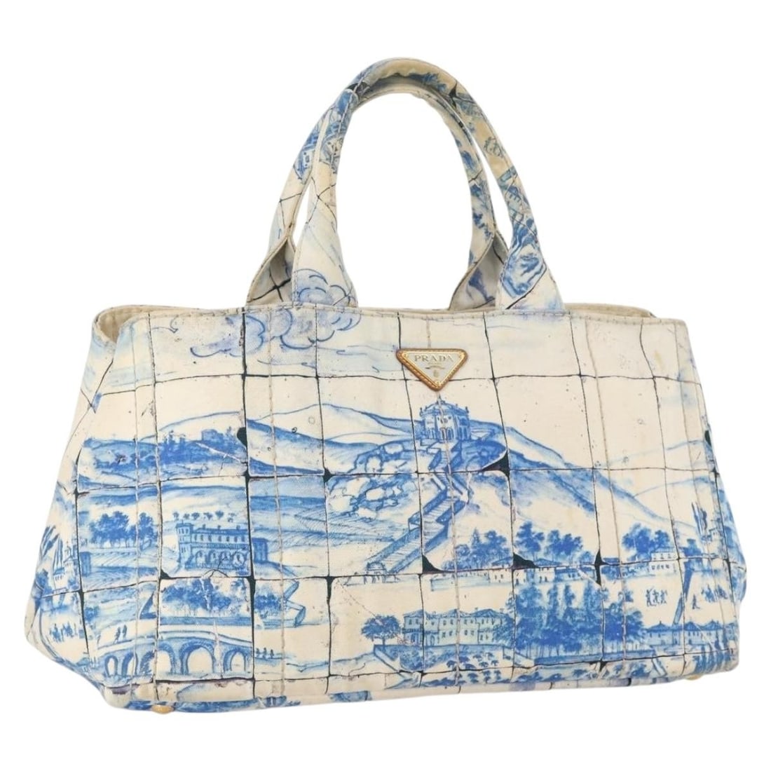 Prada Canapa GM Ivory Canvas Women's Tote Bag Gold Accents: Prada Canapa GM Ivory Canvas Women's Tote Bag Gold Accents This PRADA Canapa GM handbag is crafted from durable ivory and gold canvas and is designed for women. The bag features a spacious interior, d