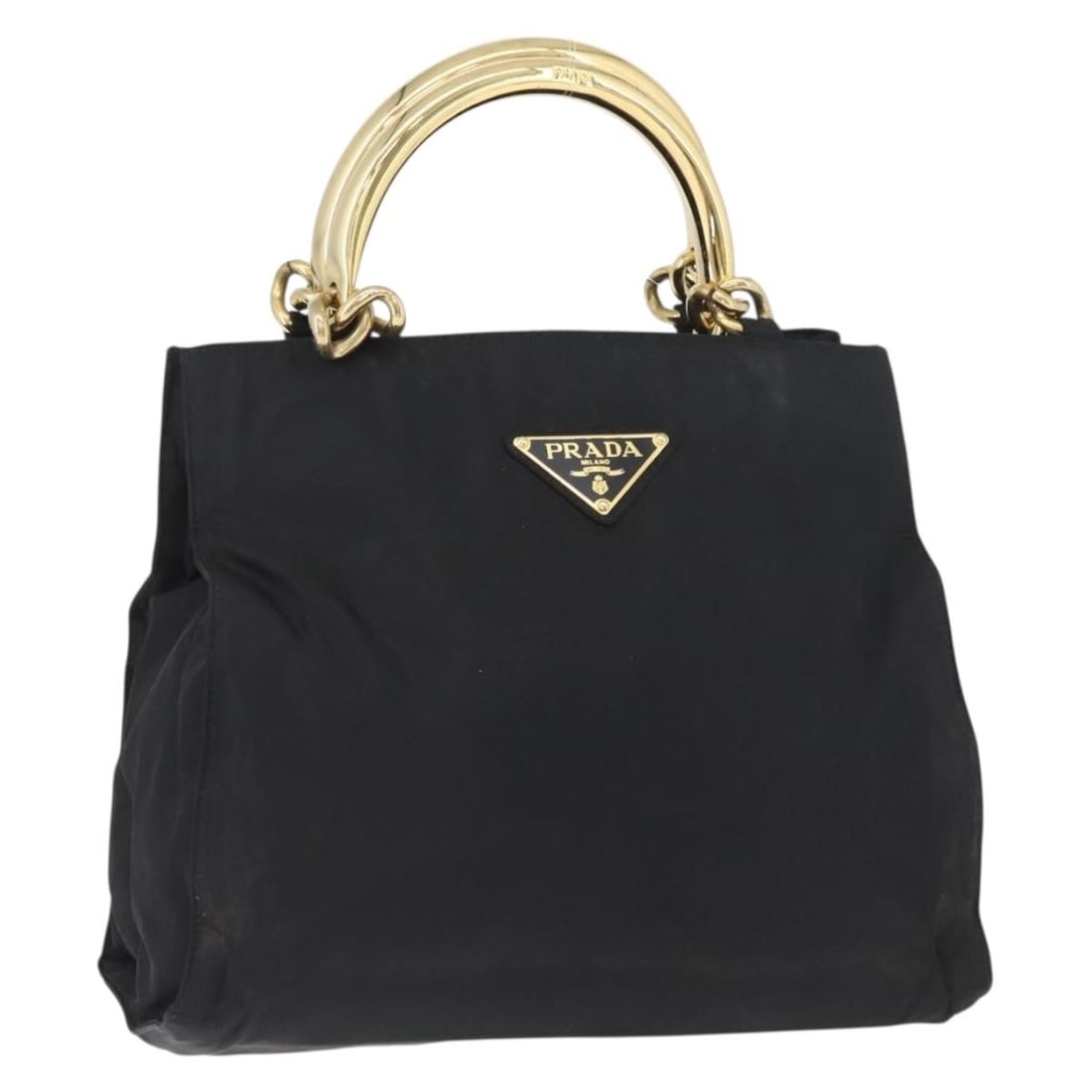 Prada Black Gold Nylon Handbag Italy 11.8in: Prada Black Gold Nylon Handbag Italy 11.8in This PRADA handbag is crafted from black and gold nylon and features gold-tone metal accents. Designed for women, the bag is made in Italy and offers a spac