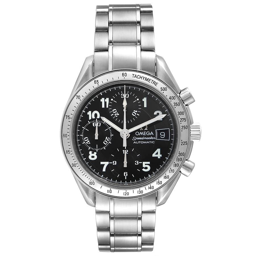 Speedmaster Date Watch with Black Arabic Dial Ref 3513.52.00: Speedmaster Date Watch with Black Arabic Dial Ref 3513.52.00 The Omega Speedmaster Date features a black Arabic dial complemented by a steel bezel and bracelet. This men's watch is part of the renowne