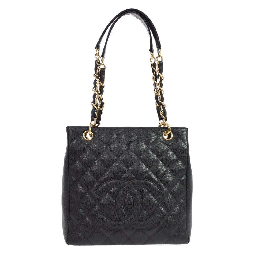 Chanel Black Quilted Caviar Leather Petite Shopping Tote Bag: Chanel Black Quilted Caviar Leather Petite Shopping Tote Bag This Chanel Petite Shopping Tote is crafted from quilted black leather and designed for women. It features a spacious interior and is noted