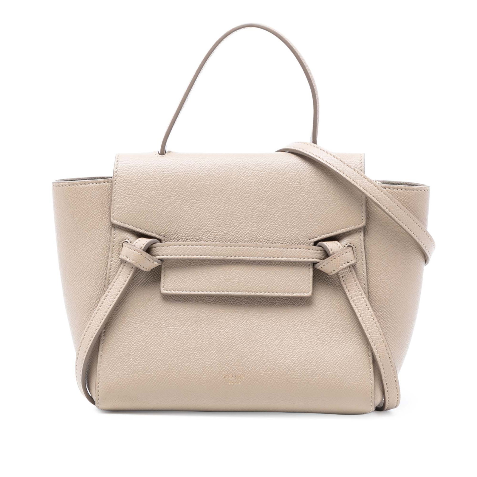 Celine Nano Belt Bag in Beige Grained Calfskin Leather with Strap: Celine Nano Belt Bag in Beige Grained Calfskin Leather with Strap This Celine Nano Grained Calfskin Belt Bag is crafted from beige leather and features a flat leather handle, a detachable flat shoulde