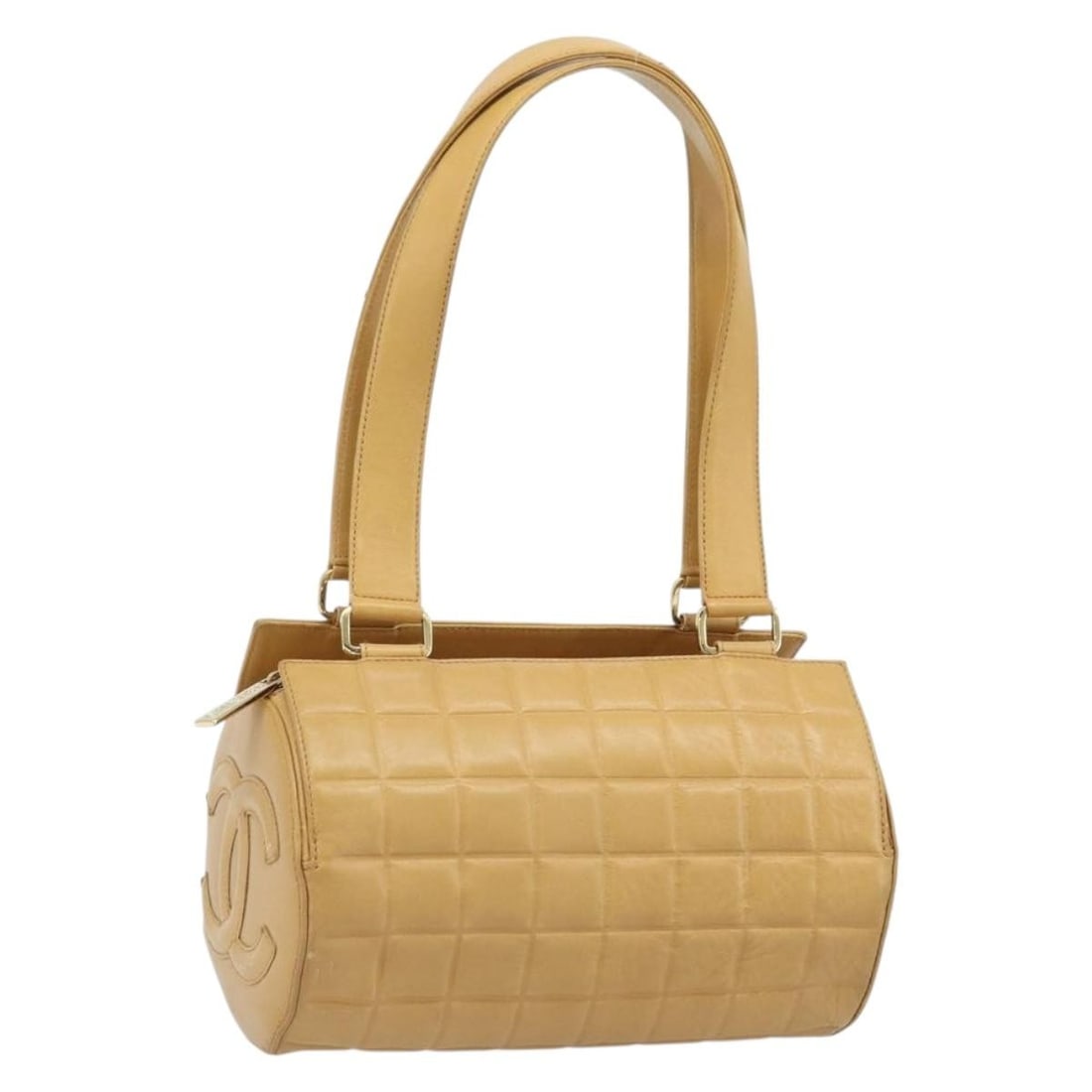 Chanel Choco Bar Beige Lambskin Handbag with Gold CC Logo: Chanel Choco Bar Beige Lambskin Handbag with Gold CC Logo This CHANEL Choco Bar handbag is crafted from beige lambskin leather with gold-tone accents. Designed for women, the bag features a structured