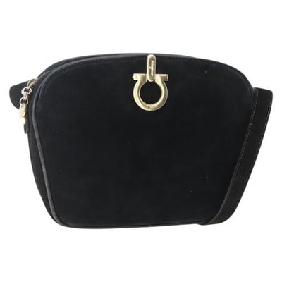 Ferragamo Gancini Black Suede Shoulder Bag Gold Trim: Ferragamo Gancini Black Suede Shoulder Bag Gold Trim This Salvatore Ferragamo Gancini shoulder bag is crafted from black suede with gold-tone accents. It features a structured silhouette with an adjus
