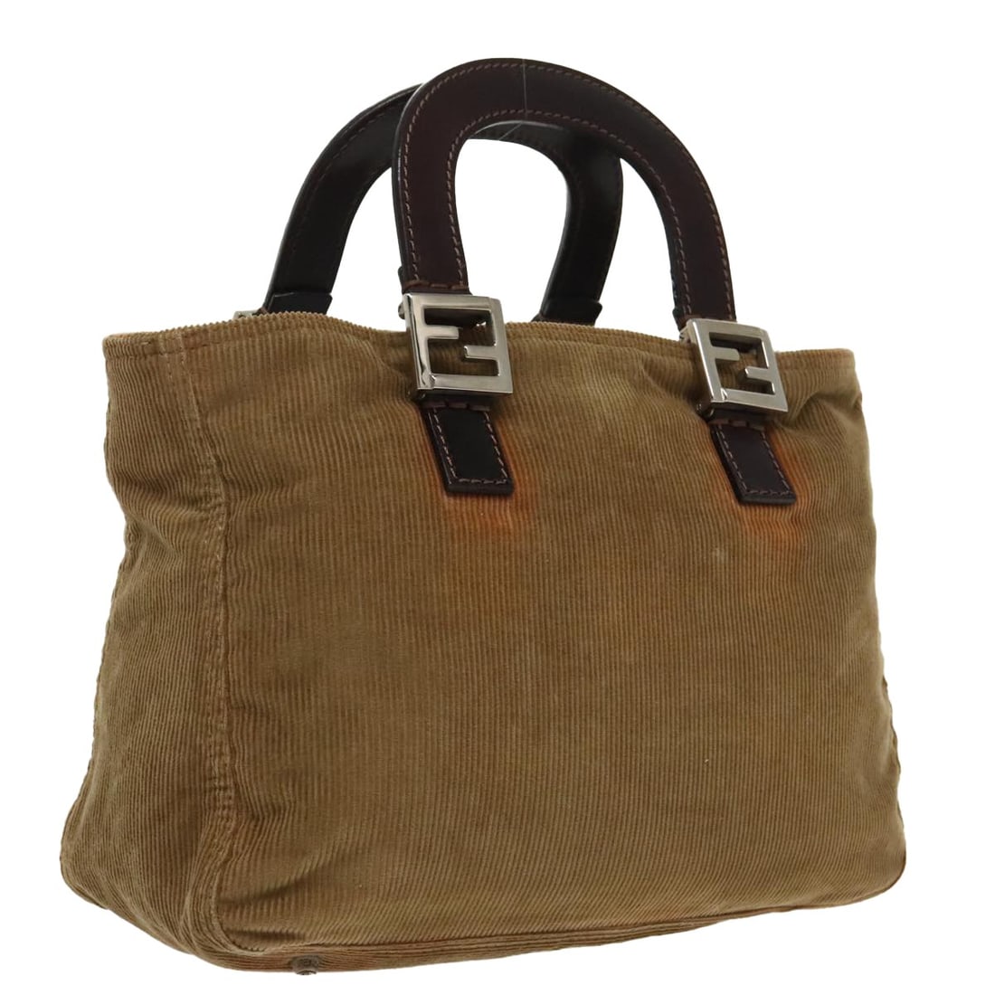 Fendi Brown Corduroy Women's Handbag with Silver Tone Details: Fendi Brown Corduroy Women's Handbag with Silver Tone Details This FENDI women's handbag features a brown corduroy exterior with silver-tone accents. The bag is designed with practical dimensions and 