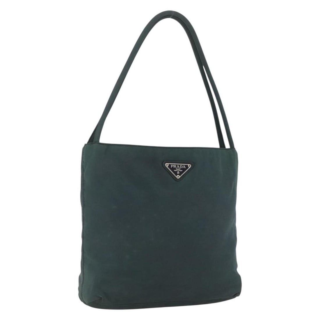 Prada green nylon tote with silver tone accents: Prada green nylon tote with silver tone accents This PRADA handbag features a green and silver nylon exterior, offering a stylish and practical design. Made in Italy, it has a compact shape with appro