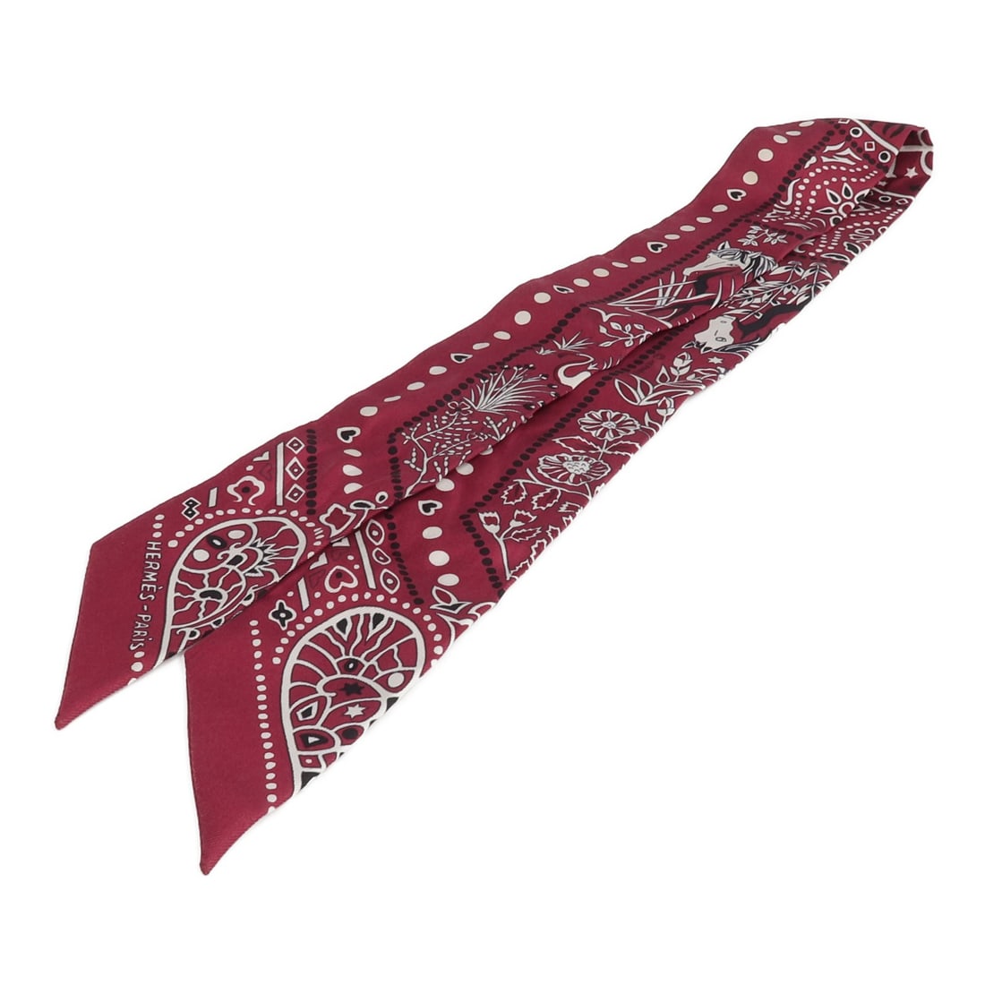 Hermes Twilly silk bordeaux women scarf: Hermes Twilly silk bordeaux women scarf This Hermes Twilly scarf is crafted from luxurious silk in a rich Bordeaux color. Designed for women, it features a classic and versatile style, perfect for add