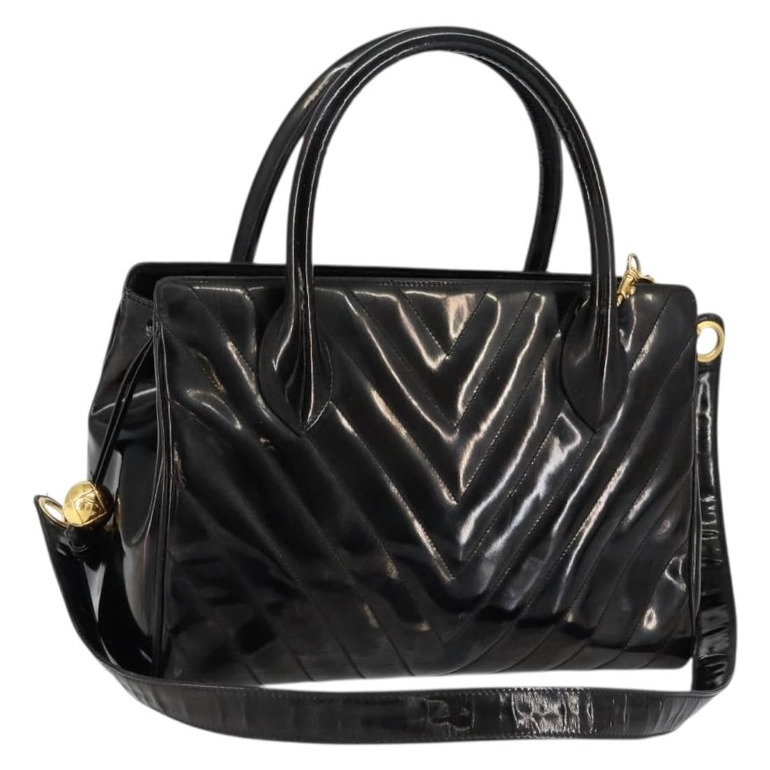 CHANEL V Stitch 2 Way Hand Bag Black Gold Enamel Auth: CHANEL V Stitch 2 Way Hand Bag Black Gold Enamel Auth This authentic CHANEL V Stitch Hand Bag is a stylish accessory crafted in Italy, featuring a sleek enamel exterior in a striking black and gold co