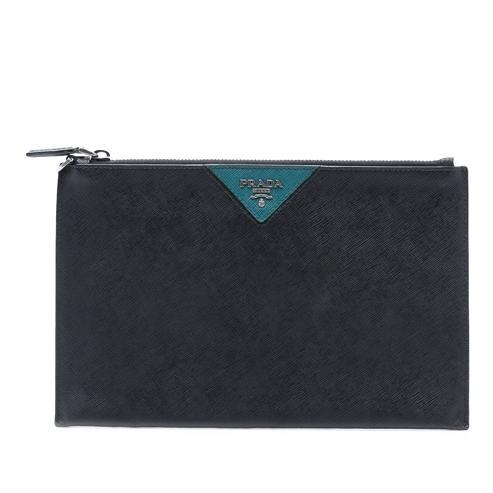 Black Leather Prada Saffiano Clutch Bag with Zip Closure: Black Leather Prada Saffiano Clutch Bag with Zip Closure This Prada Saffiano Clutch features a black leather body with a top zip closure and interior slip pockets. The exterior shows signs of wear on 