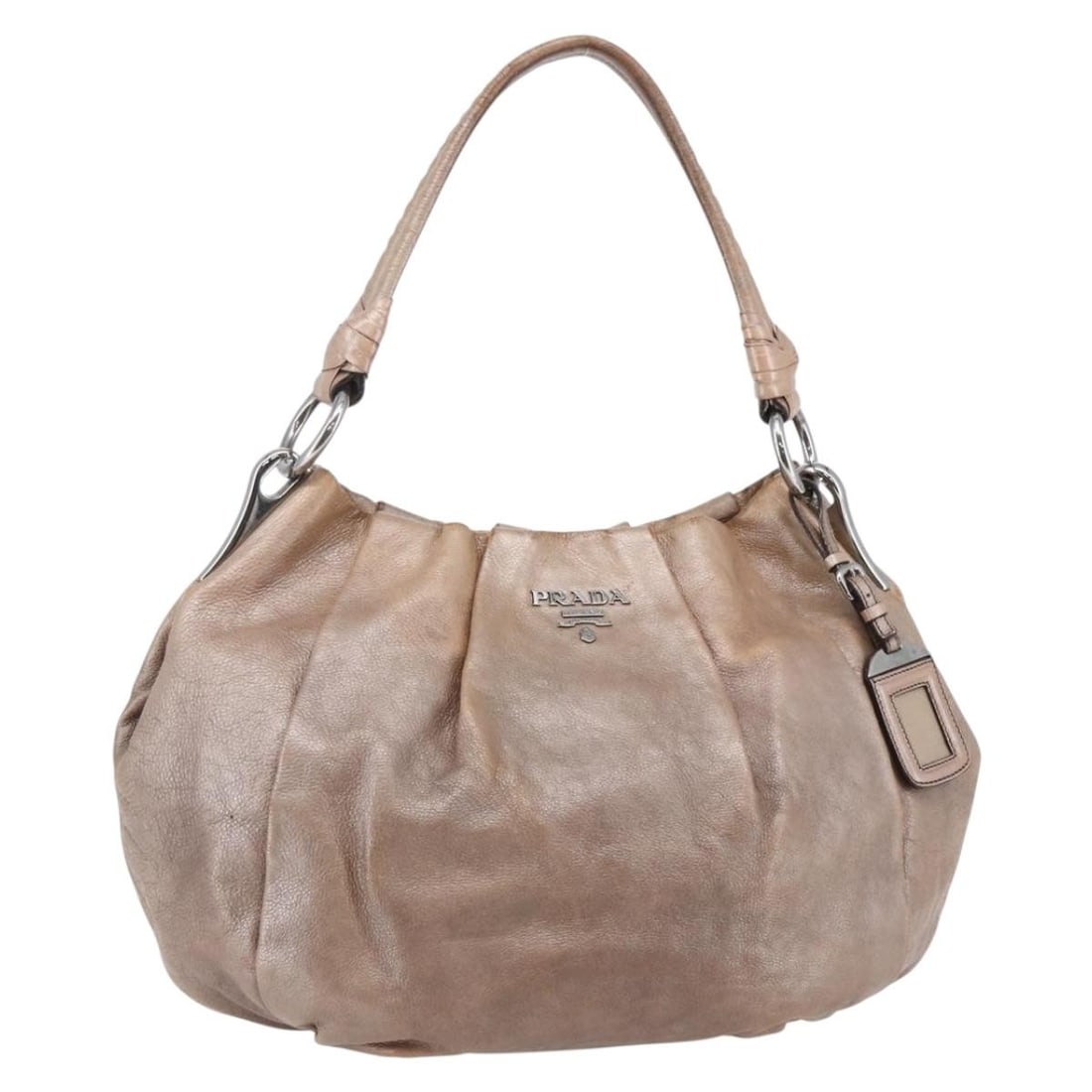 PRADA Beige Leather Shoulder Bag with Silver Accents Auth Italy: PRADA Beige Leather Shoulder Bag with Silver Accents Auth Italy This PRADA shoulder bag is crafted from luxurious leather in a chic beige and silver color combination. Designed for both style and func