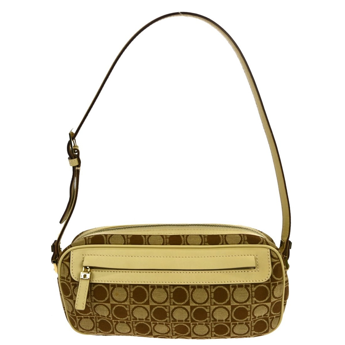 Salvatore Ferragamo Gancini Beige Canvas Top Handle Bag: Salvatore Ferragamo Gancini Beige Canvas Top Handle Bag This Salvatore Ferragamo Gancini top handle bag features a beige canvas and leather exterior with the brand's signature logo accents. Designed i
