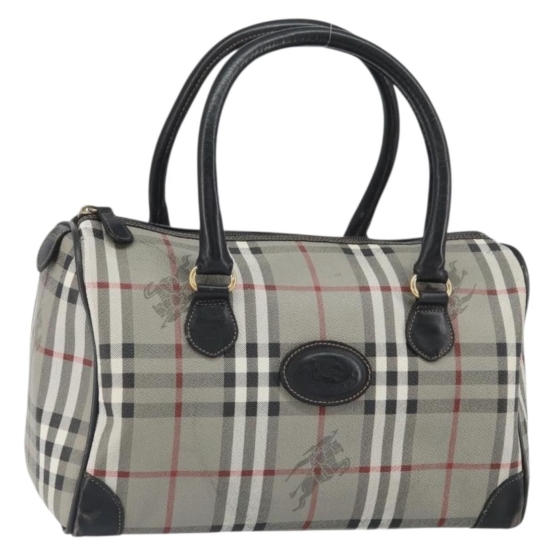 Burberrys Gray PVC Nova Check Handbag with Gold Accents Italy: Burberrys Gray PVC Nova Check Handbag with Gold Accents Italy This is a Burberrys Nova Check handbag crafted from gray and gold PVC leather. The bag features dual top handles with a 3.9-inch (10 cm) d