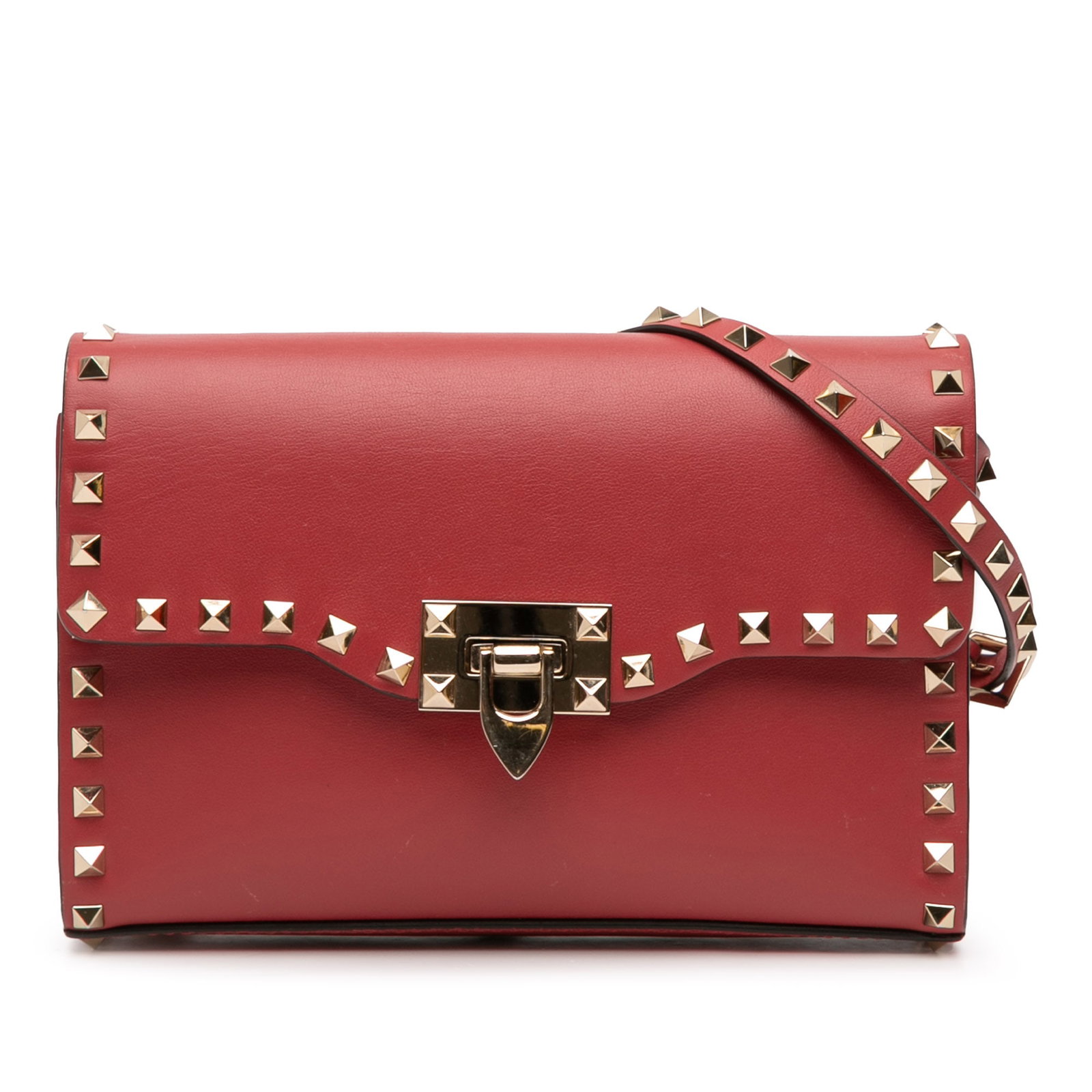 Valentino Rockstud Small Red Leather Flap Crossbody Bag with Stud Accents: Valentino Rockstud Small Red Leather Flap Crossbody Bag with Stud Accents This Valentino Small Leather Rockstud Flap Crossbody bag showcases a red leather body adorned with signature stud details. It 