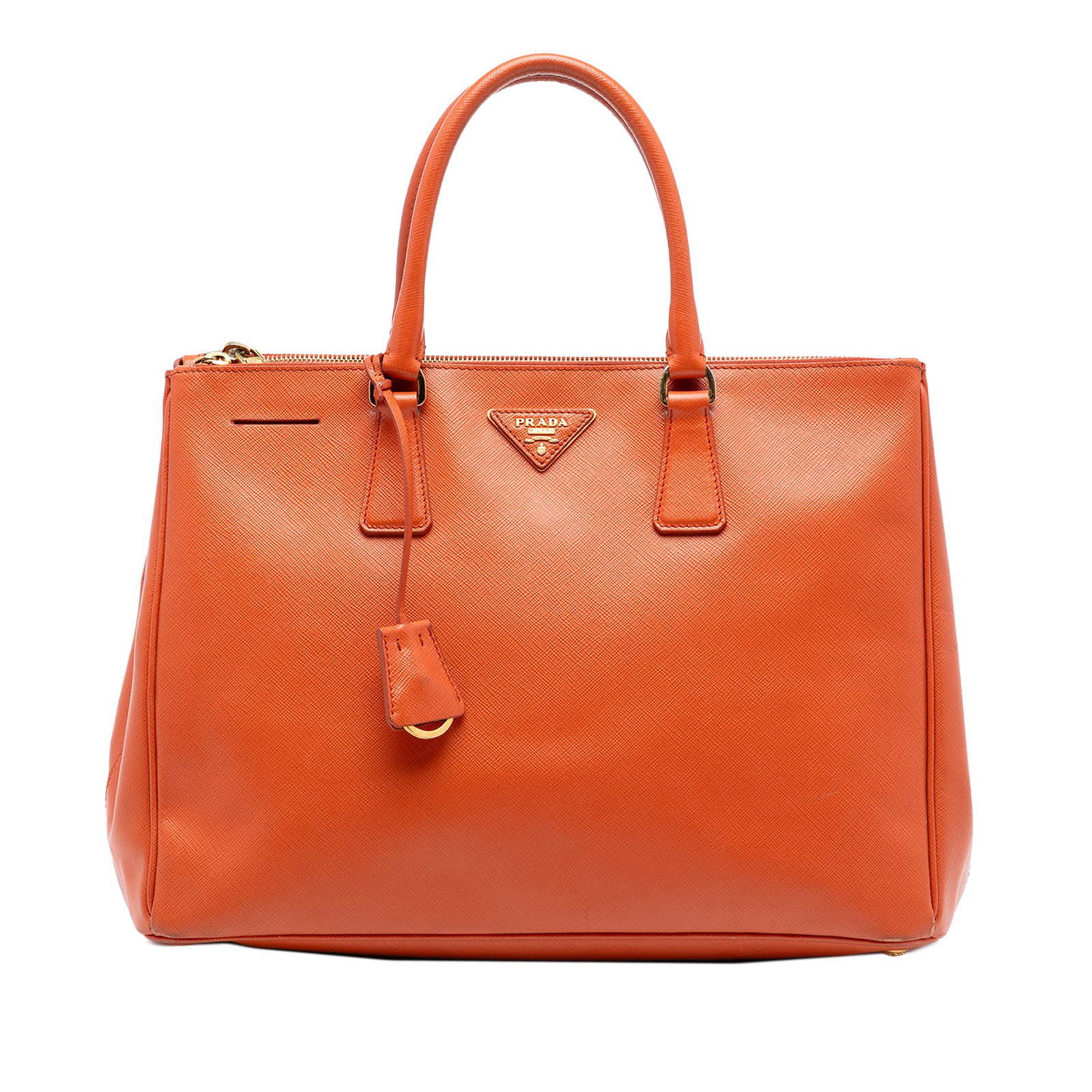 Prada Galleria Medium Saffiano Leather Double Zip Orange Satchel Bag: Prada Galleria Medium Saffiano Leather Double Zip Orange Satchel Bag This Prada Medium Saffiano Lux Galleria Double Zip Satchel features a saffiano leather body in orange, rolled leather handles, an o