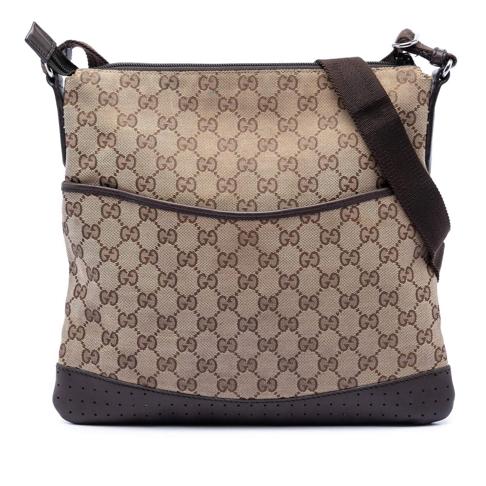 Gucci GG Canvas Beige Crossbody Bag with Perforated Leather Trim: Gucci GG Canvas Beige Crossbody Bag with Perforated Leather Trim This Gucci GG Canvas Crossbody bag features a canvas body with perforated leather trim, an adjustable flat strap, an open top, an exter