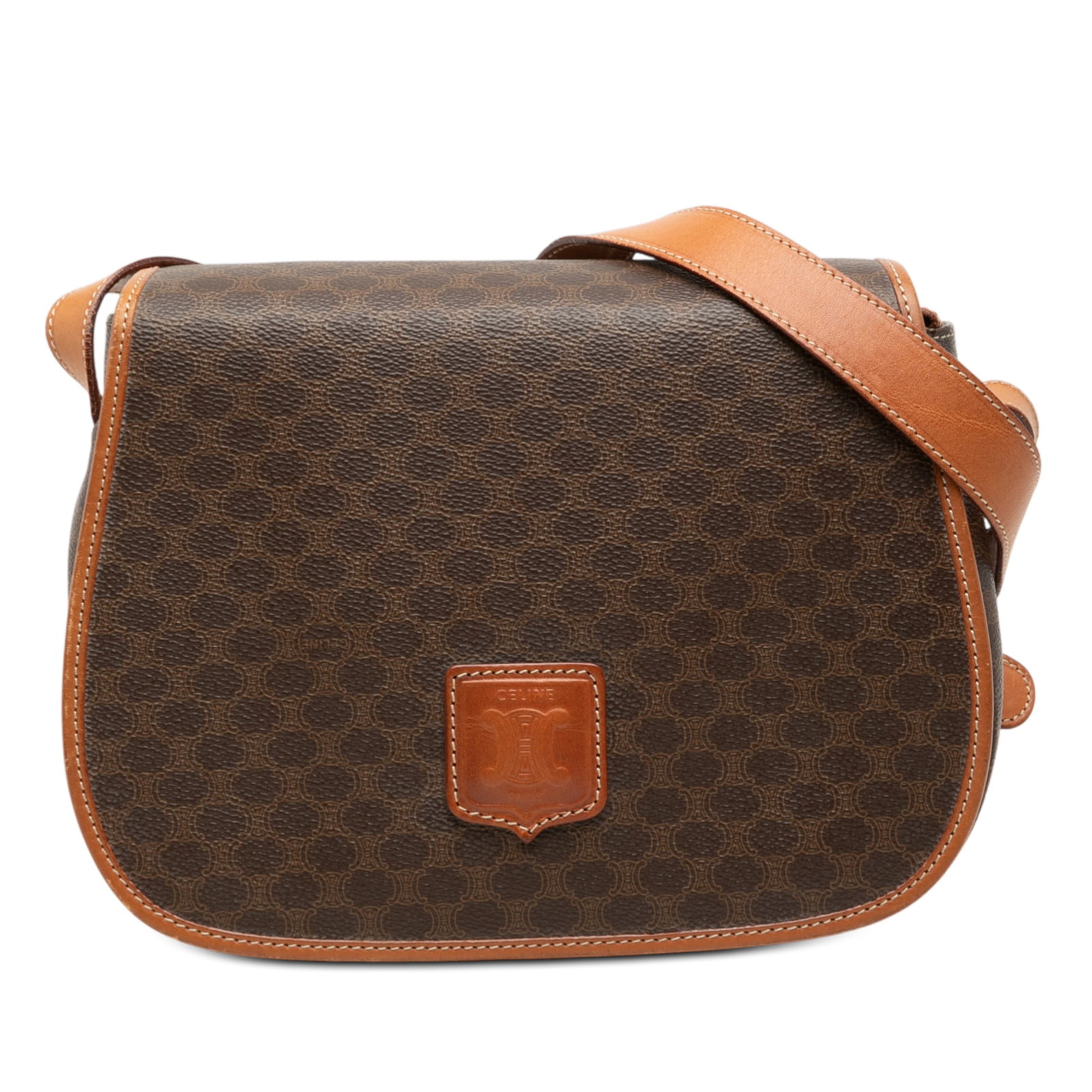 Celine Macadam Brown Coated Canvas Crossbody Bag with Leather Trim: Celine Macadam Brown Coated Canvas Crossbody Bag with Leather Trim This Celine Macadam crossbody bag features a coated canvas exterior with leather trim, a flat leather strap, a front flap secured by 