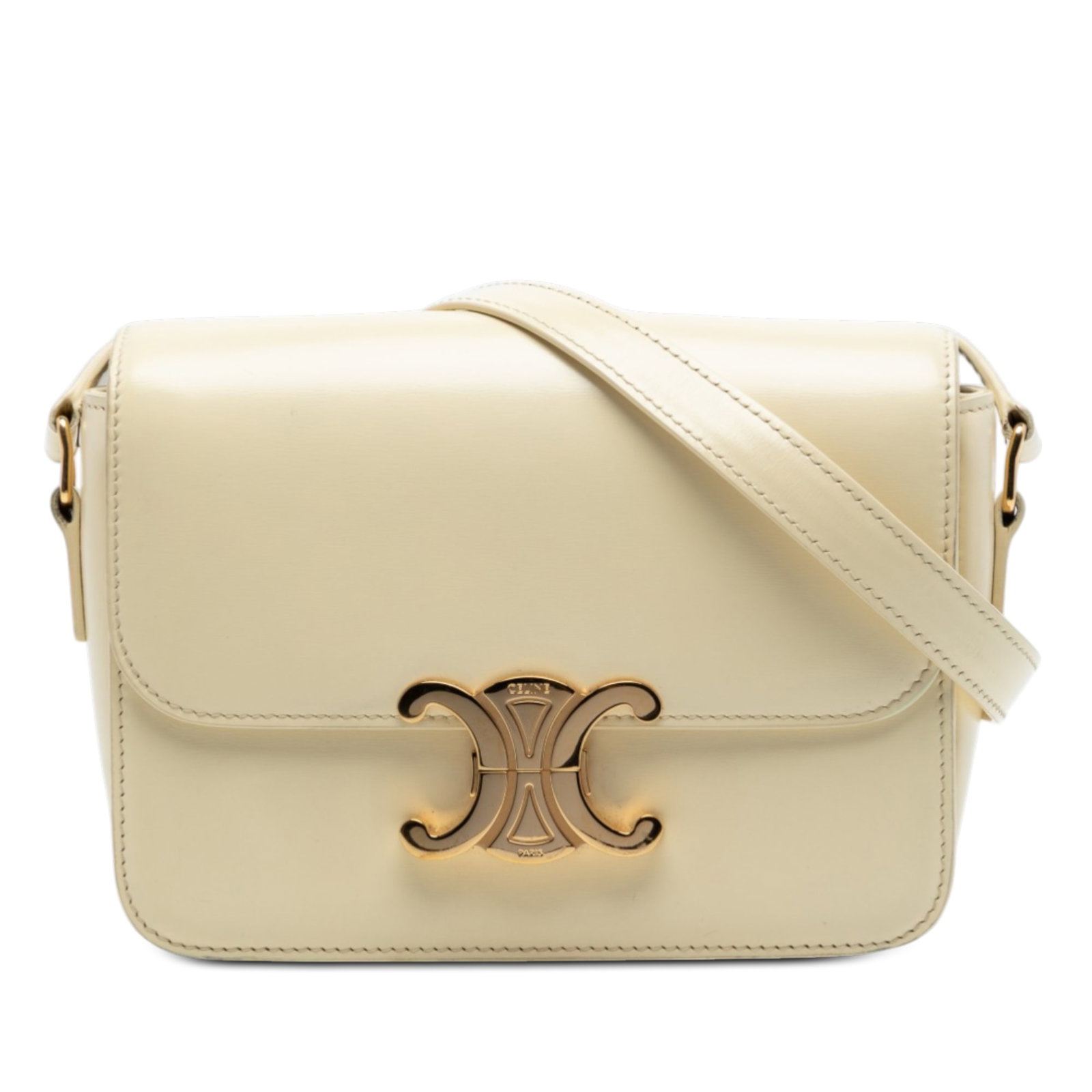 Celine Triomphe Classique Shiny Calfskin Leather Crossbody Bag Beige: Celine Triomphe Classique Shiny Calfskin Leather Crossbody Bag Beige This Celine Classique Shiny Calfskin Triomphe Crossbody bag is crafted from beige leather and features an adjustable flat leather s