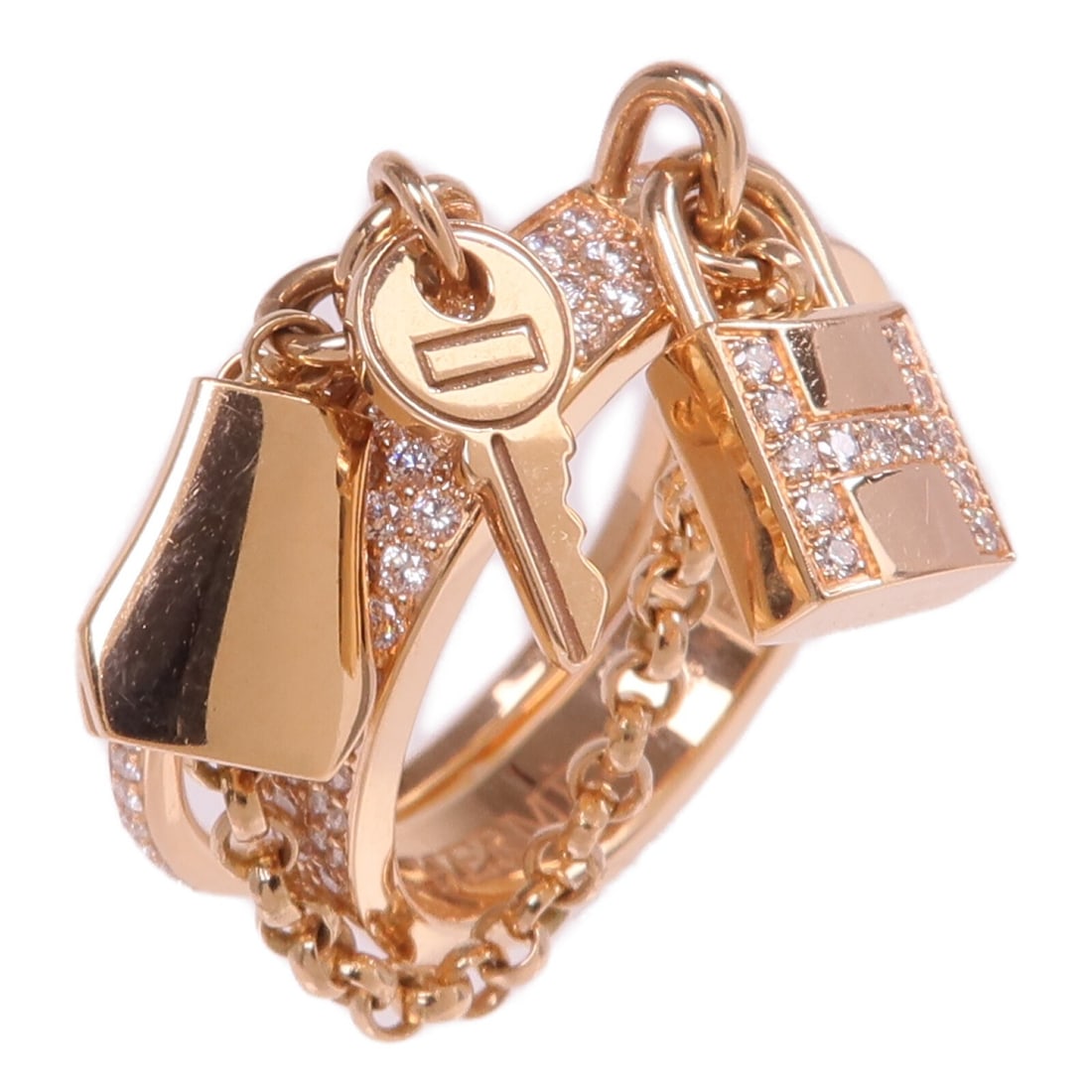 Hermes Kelly Cadenas Double Ring 18K Rose Gold with Diamonds Size 6.5: Hermes Kelly Cadenas Double Ring 18K Rose Gold with Diamonds Size 6.5 This Hermes Kelly Cadenas Double Ring is crafted from 18K pink (rose) gold and features sparkling diamonds. Designed for women, th