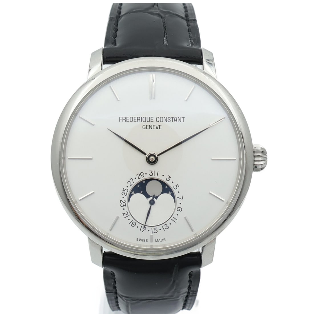 FREDERIQUE CONSTANT Slimline Moonphase Automatic Leather Watch White: FREDERIQUE CONSTANT Slimline Moonphase Automatic Leather Watch White Discover the elegance of the Frederique Constant Slimline Moonphase FC705S486 Automatic Watch. This stunning wristwatch features a 