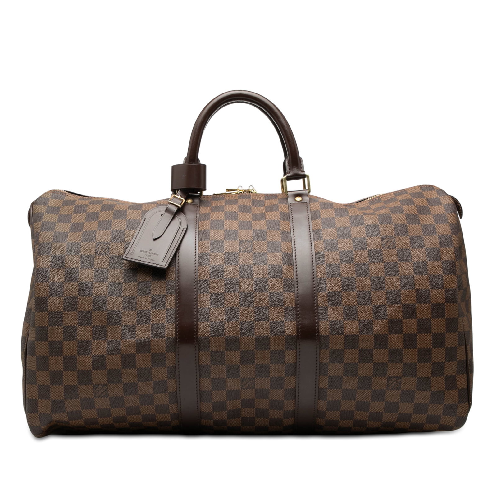 Louis Vuitton Keepall 50 Travel Bag in Damier Ebene Canvas: Louis Vuitton Keepall 50 Travel Bag in Damier Ebene Canvas This Louis Vuitton Keepall 50 features the classic Damier Ebene canvas body, complemented by leather trim and rolled leather handles. The bag