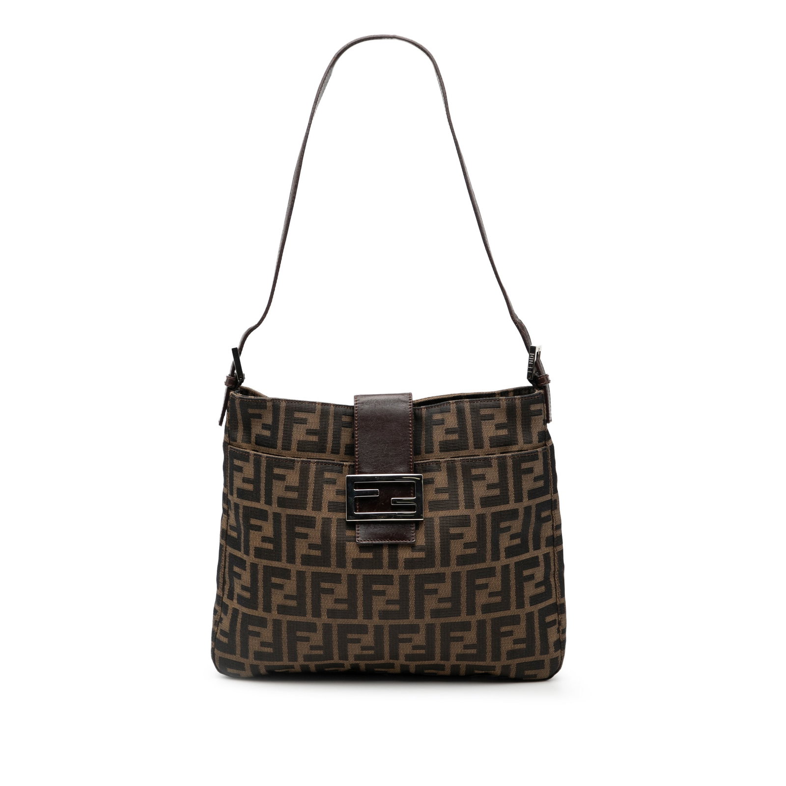 Fendi Zucca Pattern Canvas Shoulder Bag with Leather Strap: Fendi Zucca Pattern Canvas Shoulder Bag with Leather Strap This Fendi Zucca Canvas Shoulder Bag features a canvas body with a distinctive Zucca pattern, a flat leather strap, an open top with a strap 