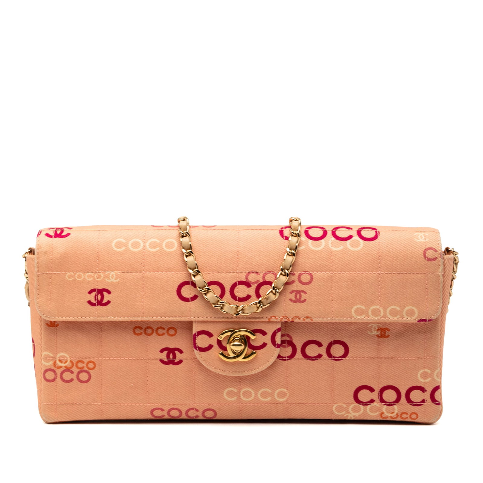Chanel Chocolate Bar Canvas Pink East West Shoulder Bag with Logo Flap: Chanel Chocolate Bar Canvas Pink East West Shoulder Bag with Logo Flap This Chanel CC Chocolate Bar Canvas Logo East West Flap shoulder bag features a square quilted canvas body in pink, a leather-wov