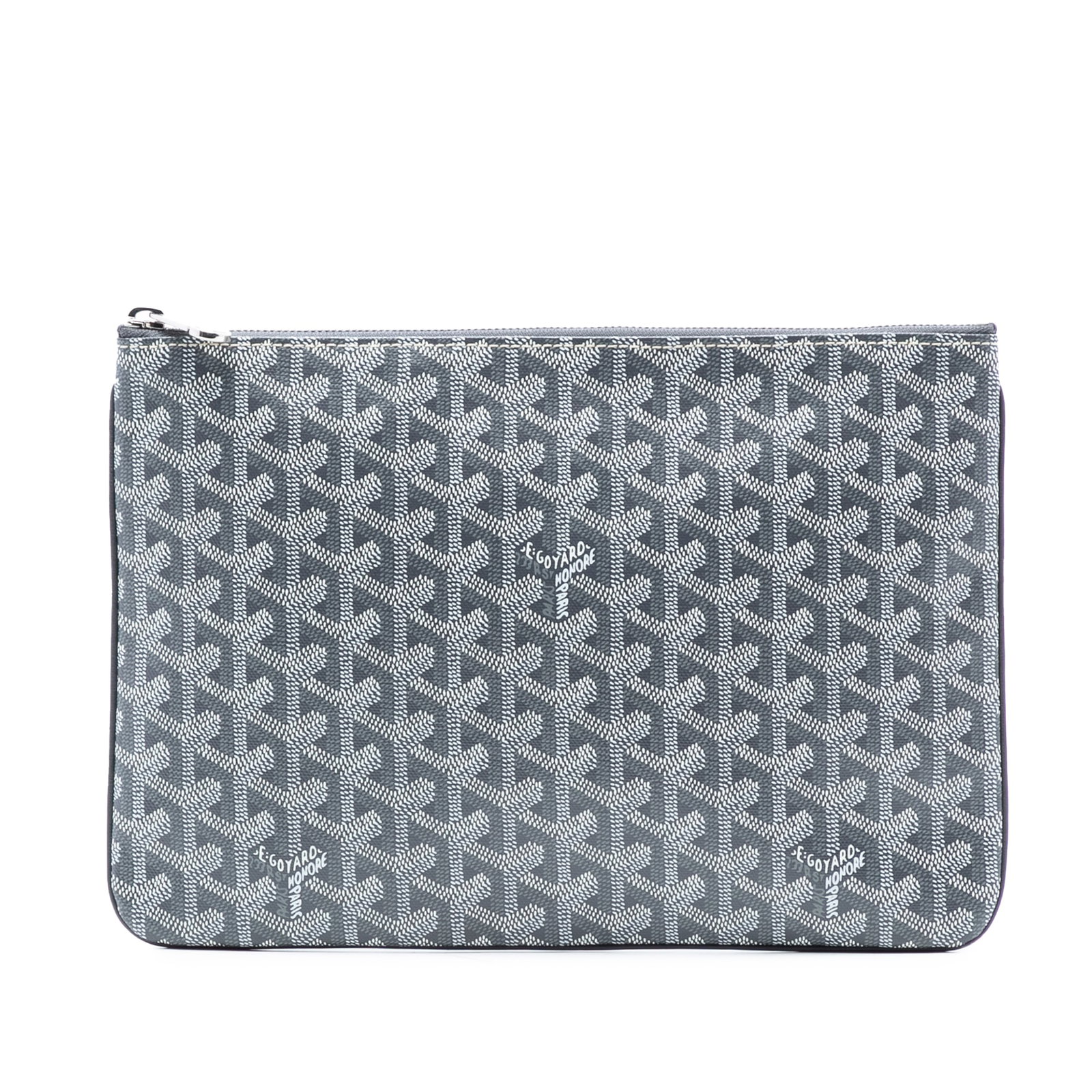 Goyard Goyardine Senat MM Gray Coated Canvas Zip Pouch: Goyard Goyardine Senat MM Gray Coated Canvas Zip Pouch The Senat MM pouch features a coated canvas exterior in gray with a top zip closure. This stylish accessory is designed for practical organizatio