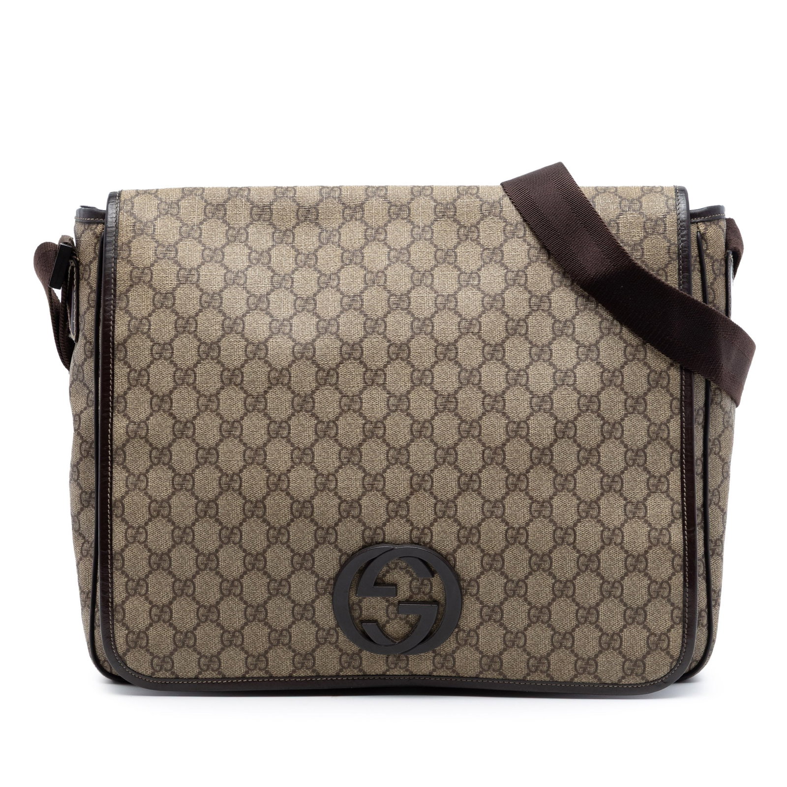 Gucci GG Supreme Messenger Bag with Interlocking G Logo: Gucci GG Supreme Messenger Bag with Interlocking G Logo This Gucci Large GG Supreme Interlocking G Messenger Bag features a coated canvas body with leather trim, an adjustable canvas shoulder strap, a