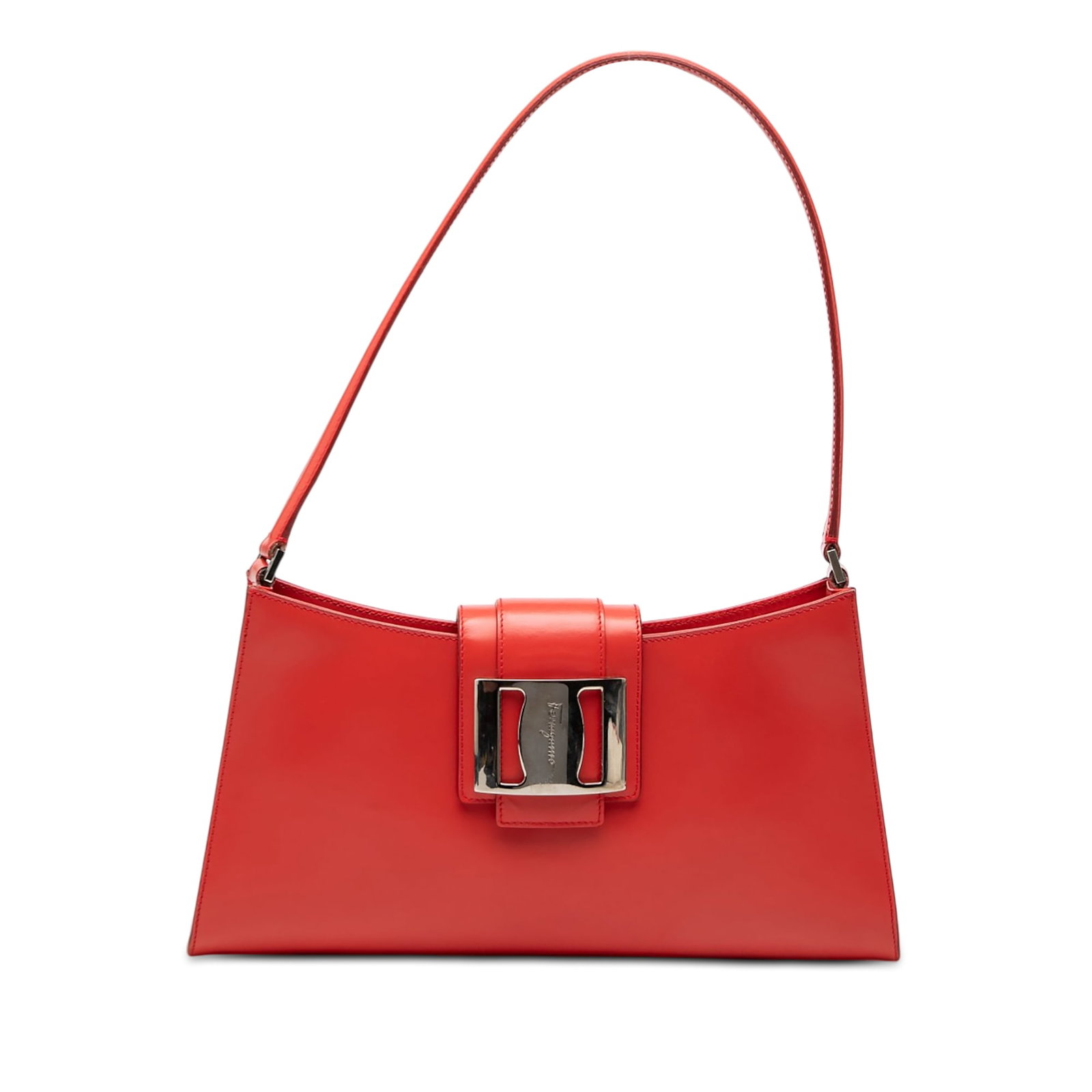 Red Leather Vara Shoulder Bag by Ferragamo Italy: Red Leather Vara Shoulder Bag by Ferragamo Italy This Ferragamo Leather Vara Shoulder Bag features a red leather body and a flat leather strap. It is designed with a top strap secured by a magnetic sn