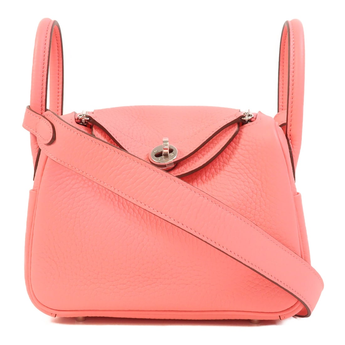 Mini Lindy Shoulder Bag in Rose Azalee Clemence Leather by Hermes: Mini Lindy Shoulder Bag in Rose Azalee Clemence Leather by Hermes This Hermes Mini Lindy 2-way shoulder bag is crafted from Clemence calfskin leather in a vibrant Rose Azalee pink. The bag features a 