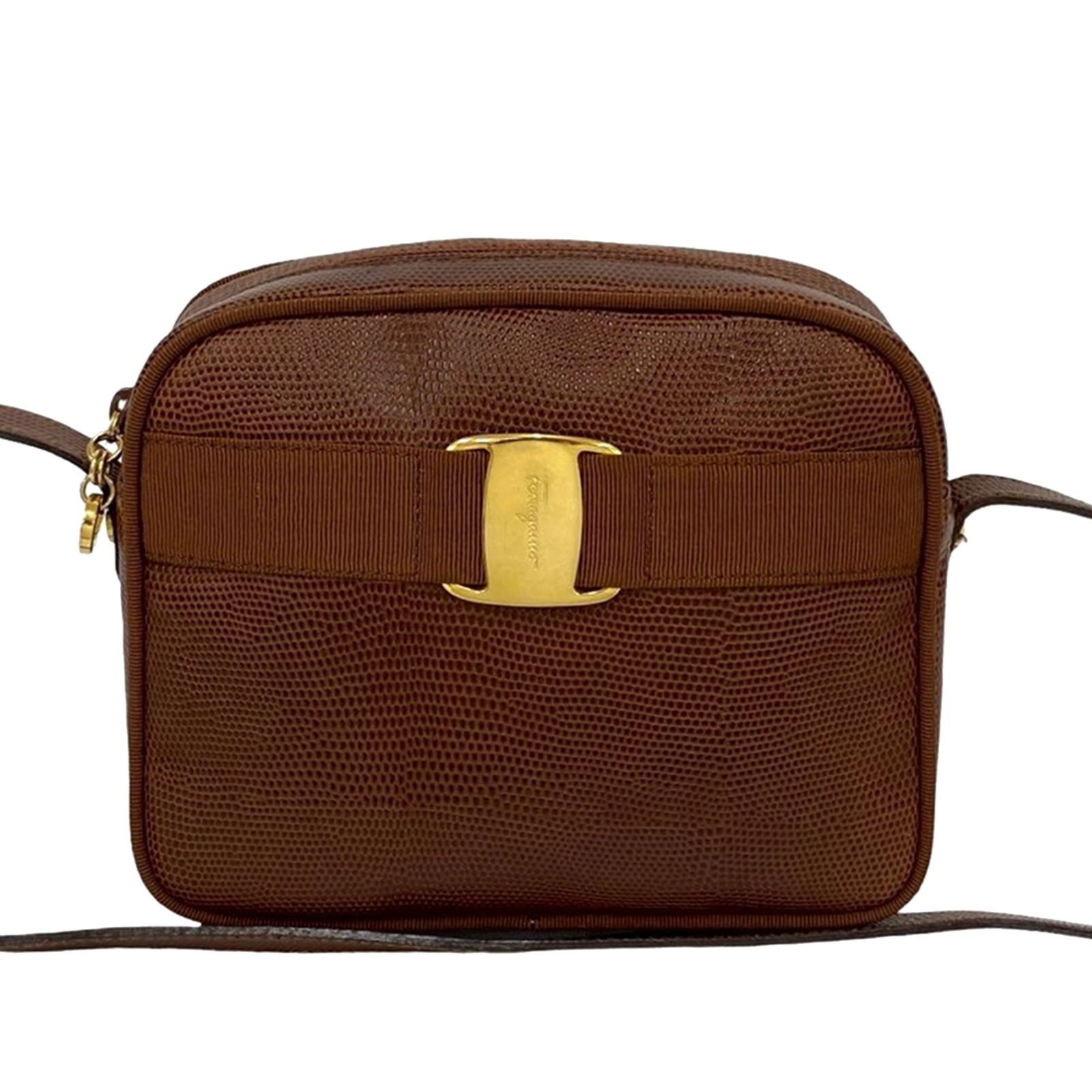 Brown Ferragamo Vara Embossed Leather Crossbody Bag from Italy: Brown Ferragamo Vara Embossed Leather Crossbody Bag from Italy This Ferragamo crossbody bag features brown lizard-embossed leather with a flat leather strap, a top zip closure, and an interior slip po