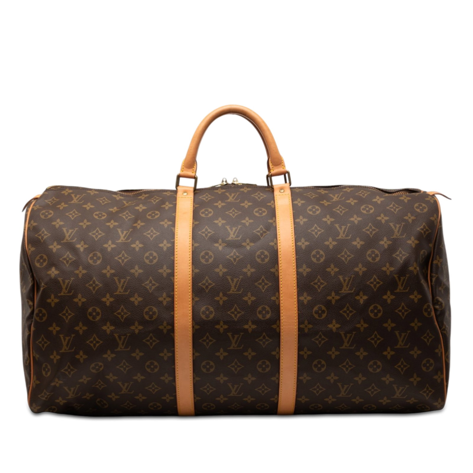 Louis Vuitton Keepall 60 Travel Bag Monogram Canvas With Vachetta Leather Trim: Louis Vuitton Keepall 60 Travel Bag Monogram Canvas With Vachetta Leather Trim This Louis Vuitton Monogram Keepall 60 features the signature monogram canvas with vachetta leather trim and rolled leath