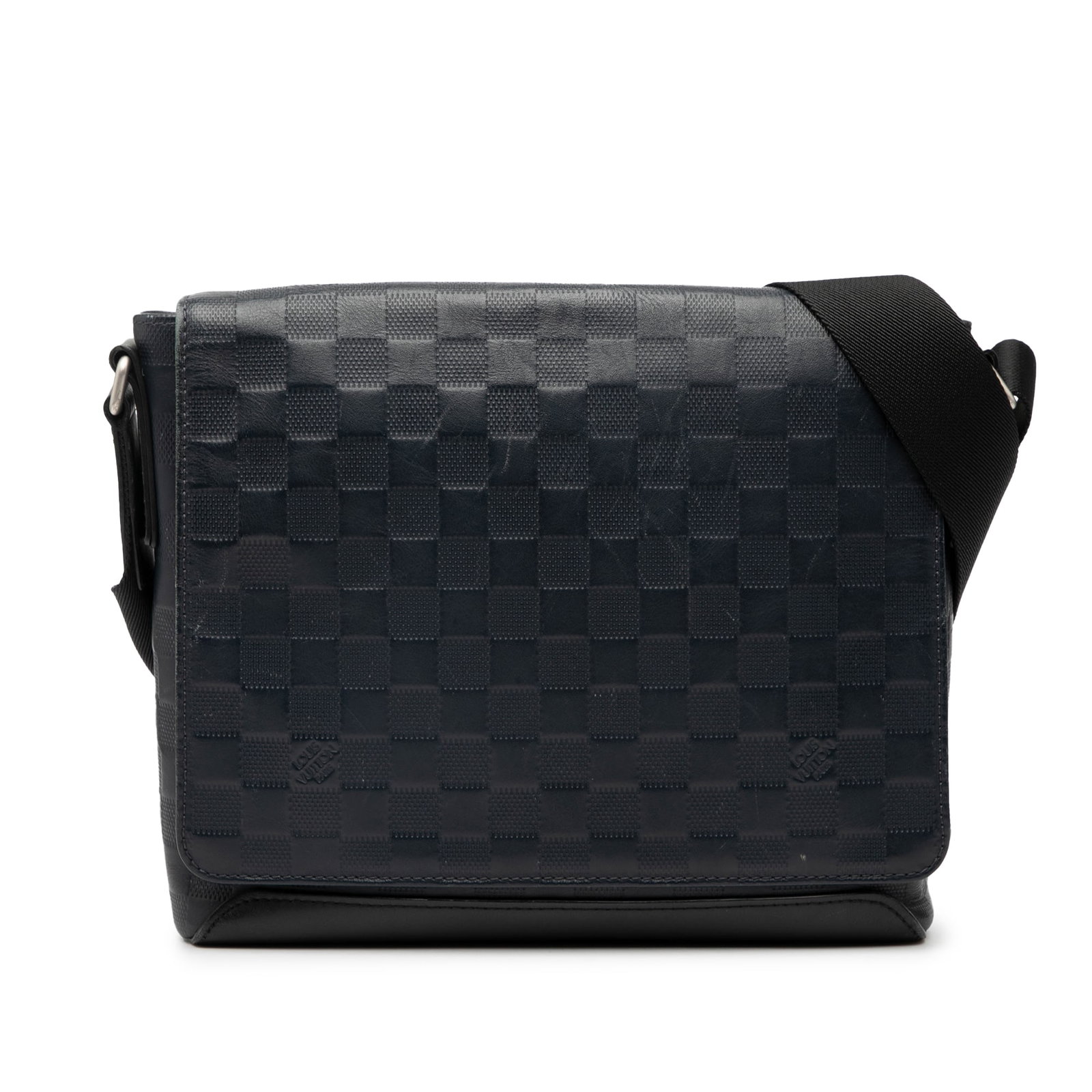 Louis Vuitton District PM Blue Damier Infini Leather Messenger Bag: Louis Vuitton District PM Blue Damier Infini Leather Messenger Bag The Louis Vuitton Damier Infini District PM is crafted from blue leather and features an adjustable flat canvas strap, a front flap w