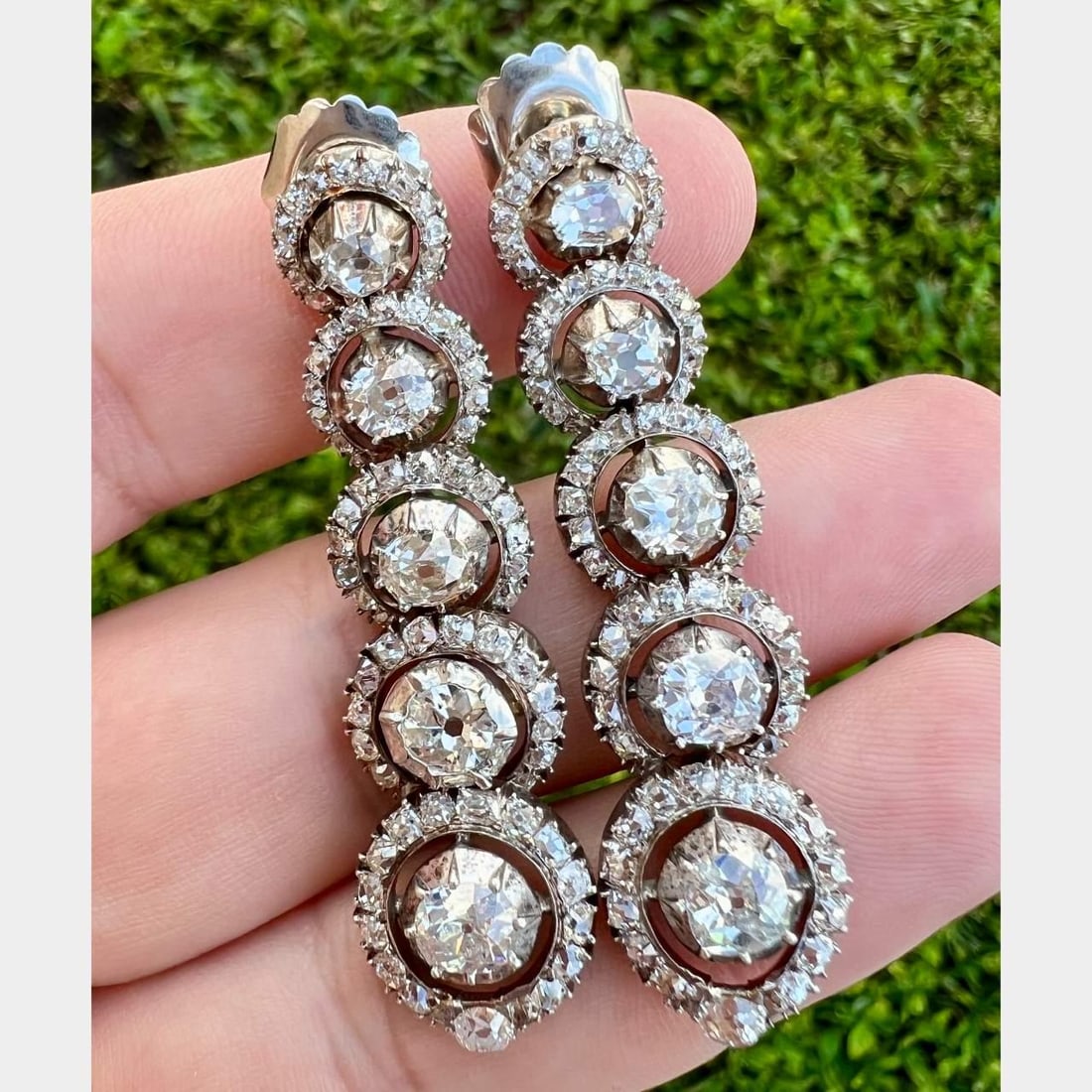 Victorian Silver 10 Ct Diamond Earrings 2 Inches Old Mine Design: Victorian Silver 10 Ct Diamond Earrings 2 Inches Old Mine Design These exquisite Victorian Silver earrings feature a stunning total diamond weight of 10.00 ct. They are adorned with 10 Old Mine Diamon