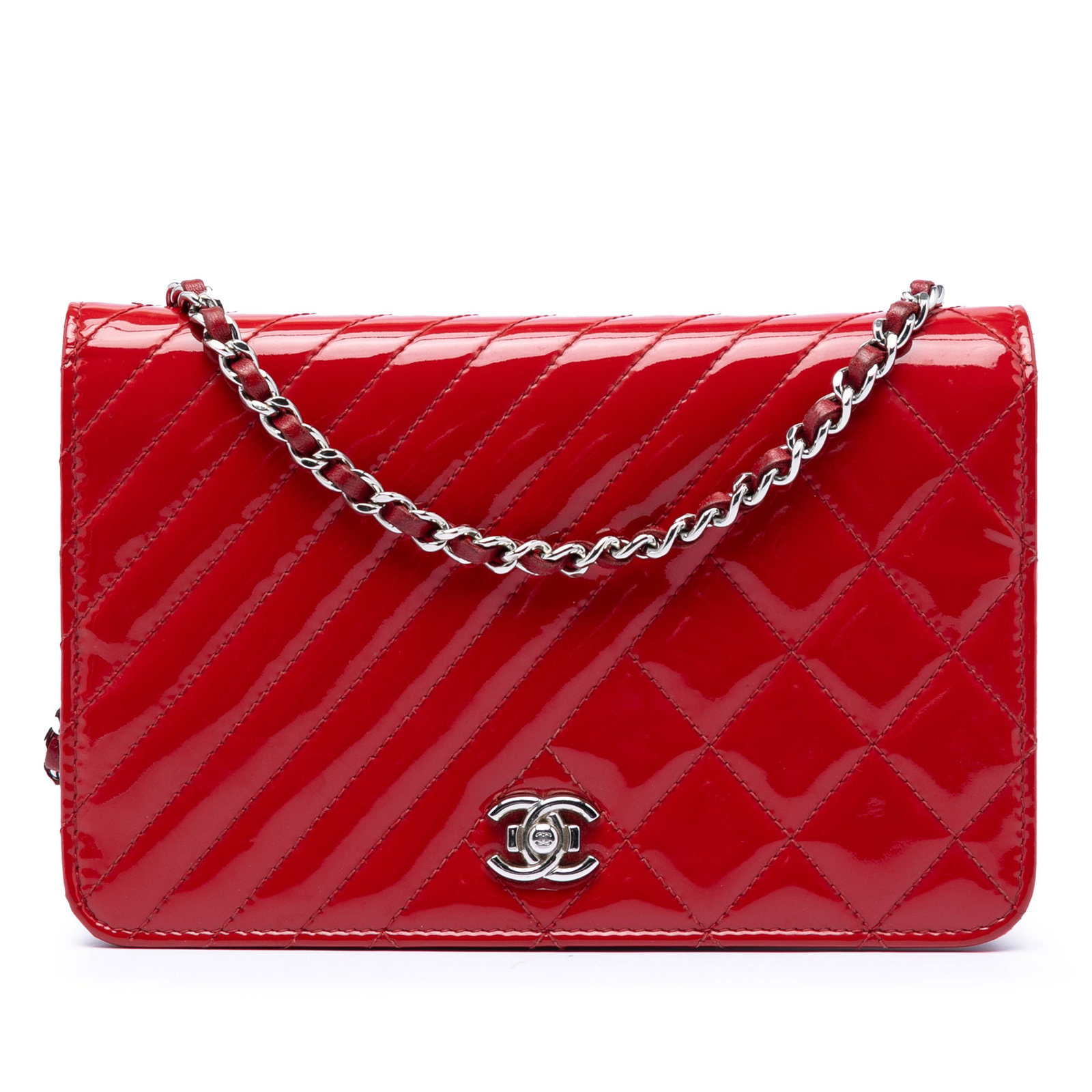 Chanel Coco Boy Red Patent Quilted Wallet On Chain Crossbody Bag: Chanel Coco Boy Red Patent Quilted Wallet On Chain Crossbody Bag This Chanel CC Quilted Patent Coco Boy Wallet On Chain features a quilted patent leather exterior in red, a leather-woven chain link st