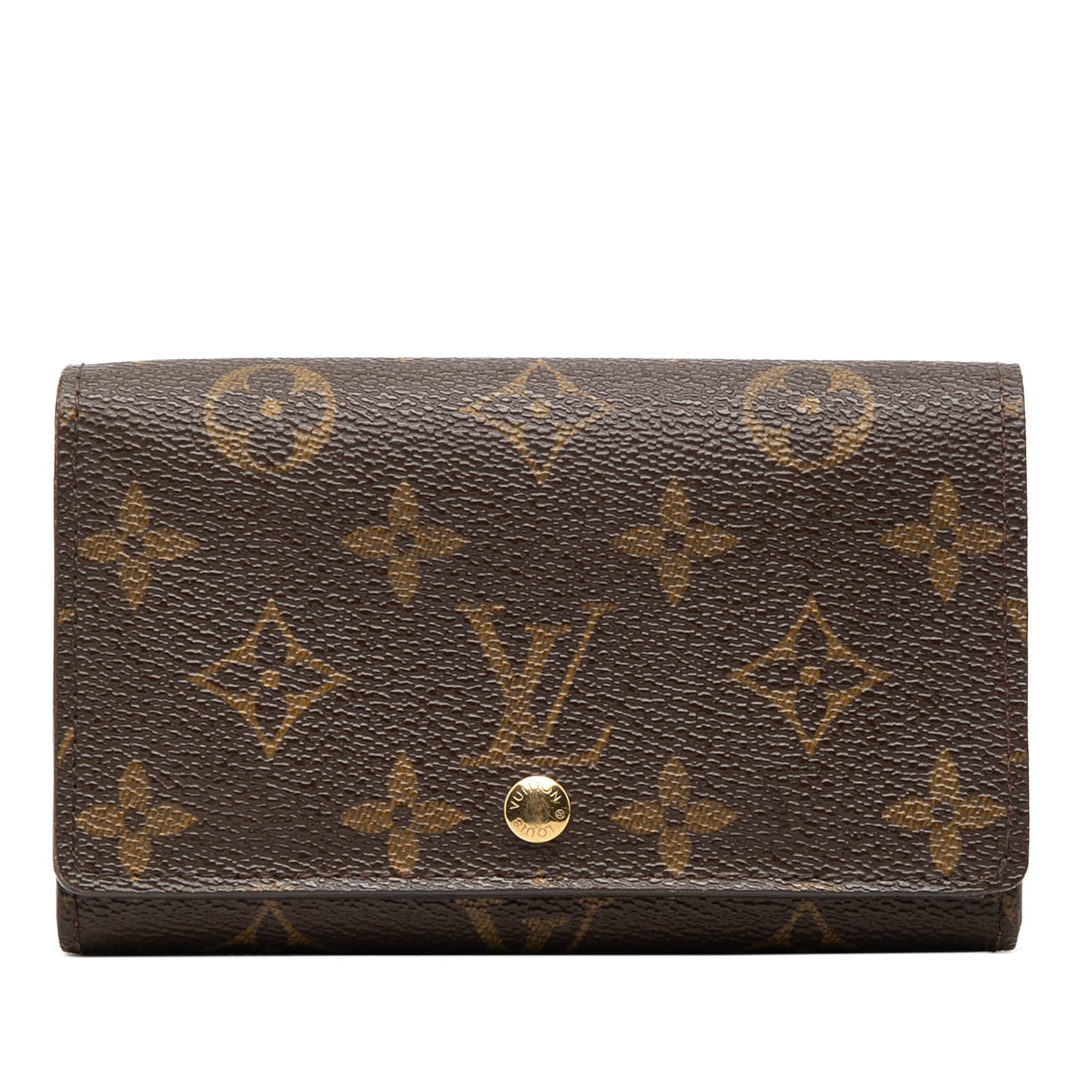 Louis Vuitton Tresor Wallet Monogram Canvas with Stud Closure Brown: Louis Vuitton Tresor Wallet Monogram Canvas with Stud Closure Brown This Louis Vuitton Monogram Porte Monnaie Tresor Wallet showcases the iconic monogram canvas, featuring a front flap with a stud clo
